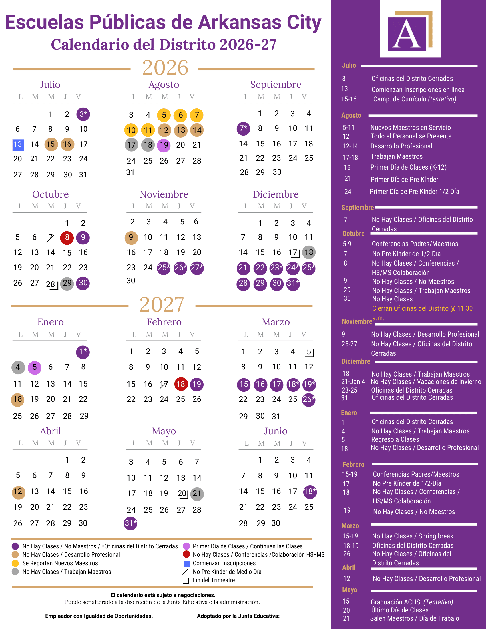 Arkansas City Public Schools USD 470 Calendar 26-27 Revised