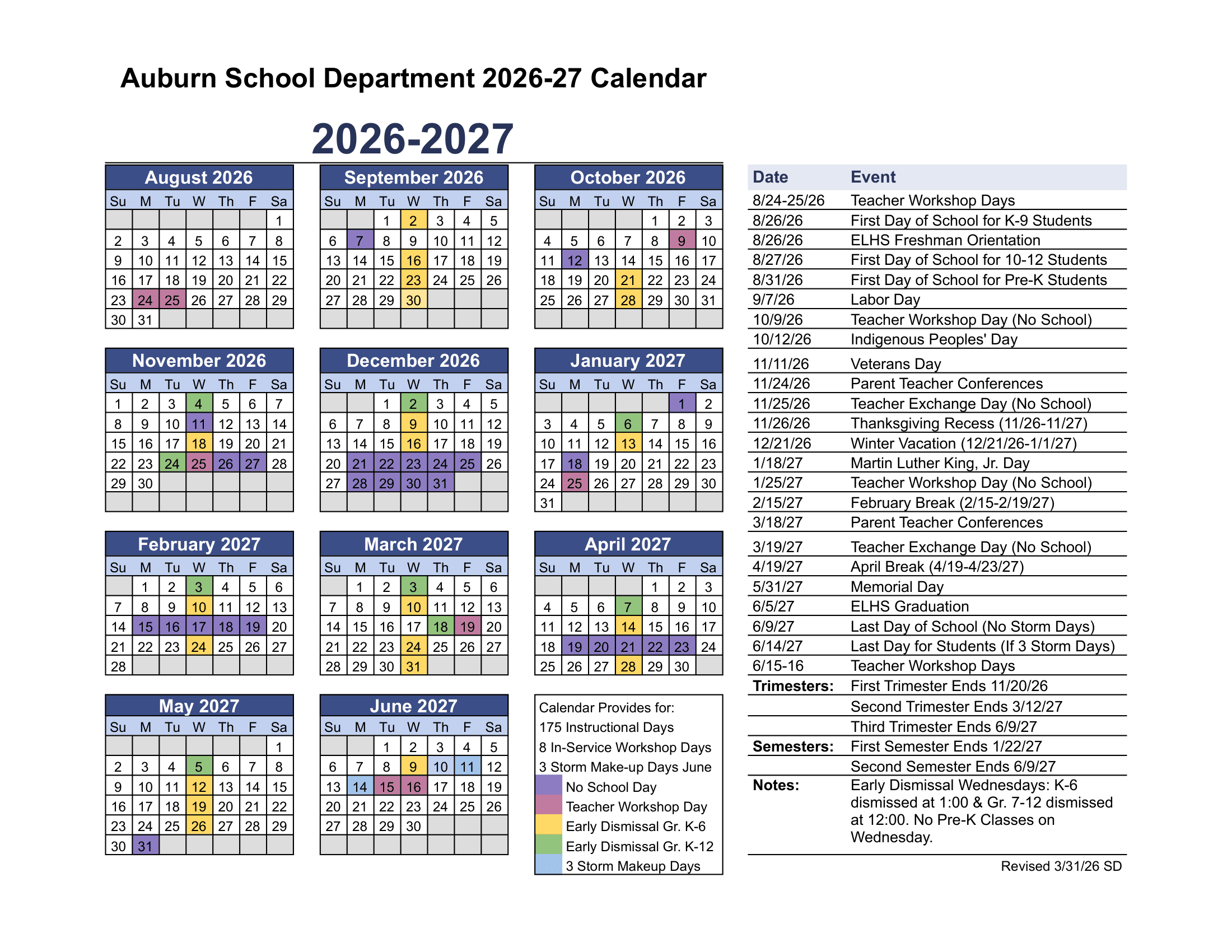 Auburn School Department Calendar 26-27 Revised