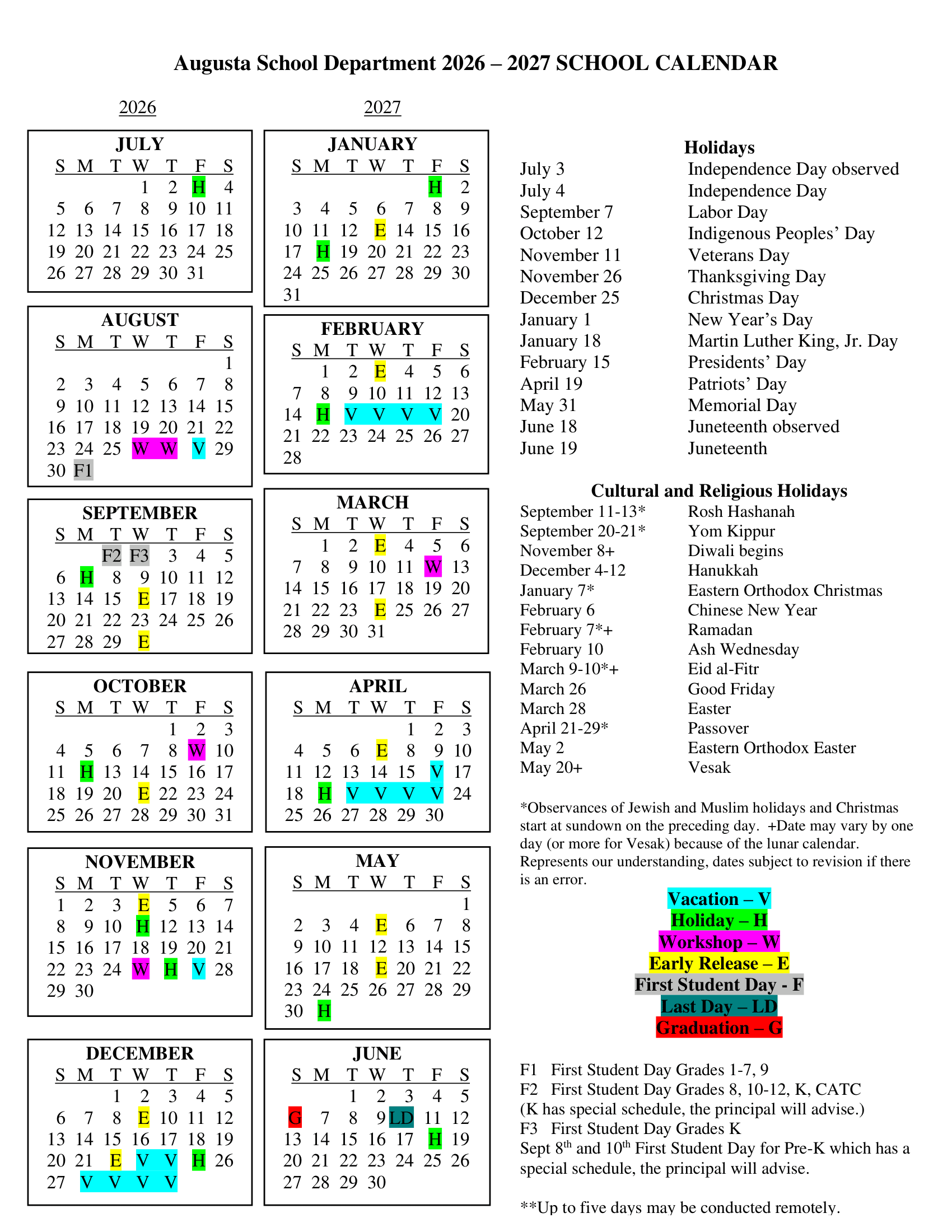 Augusta School Department Calendar 26-27 Revised
