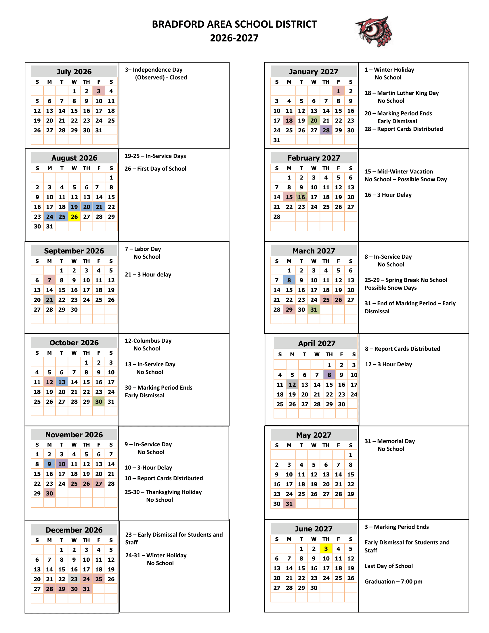 BRADFORD AREA SCHOOL DISTRICT Calendar 26-27 Revised