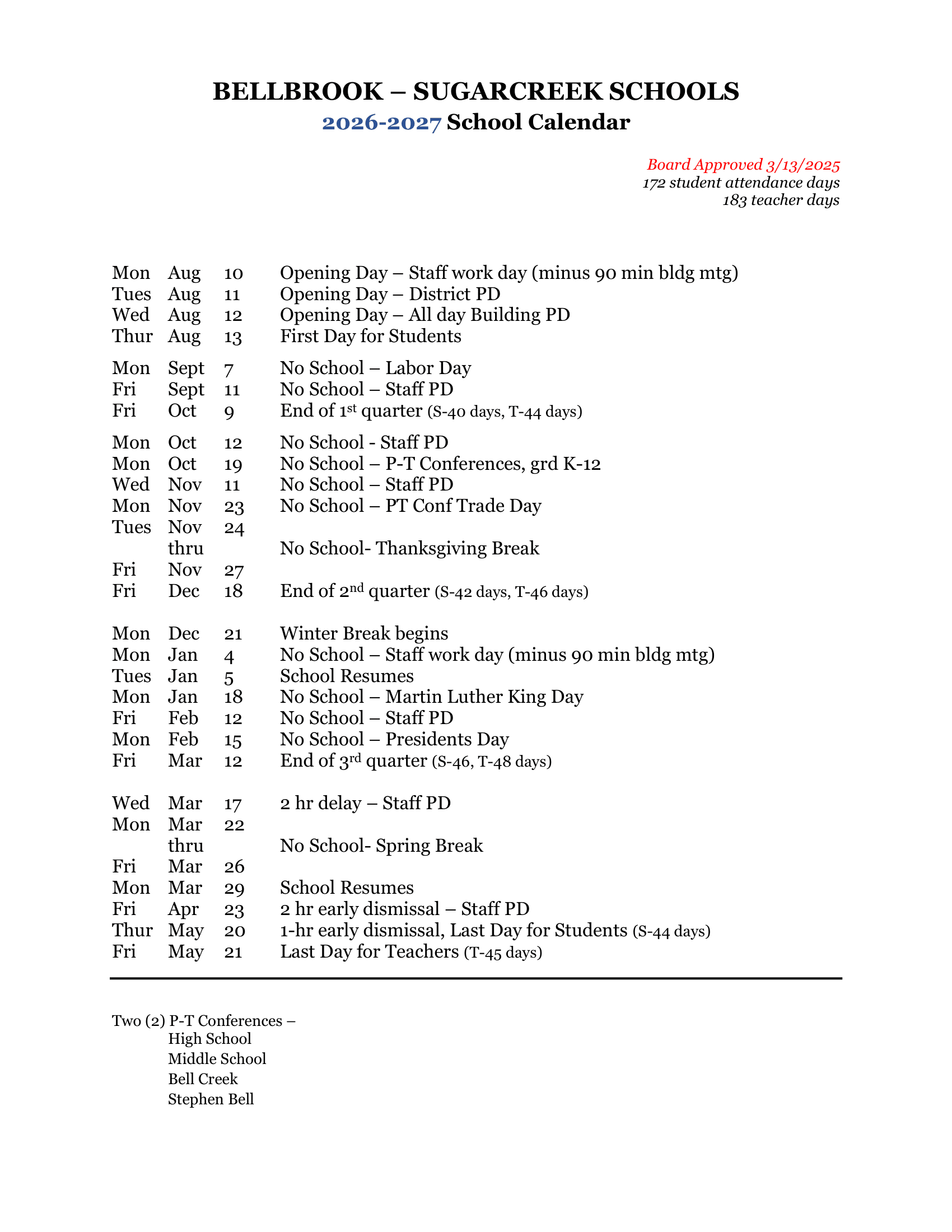 Bellbrook-Sugarcreek Schools Calendar 26-27 Revised