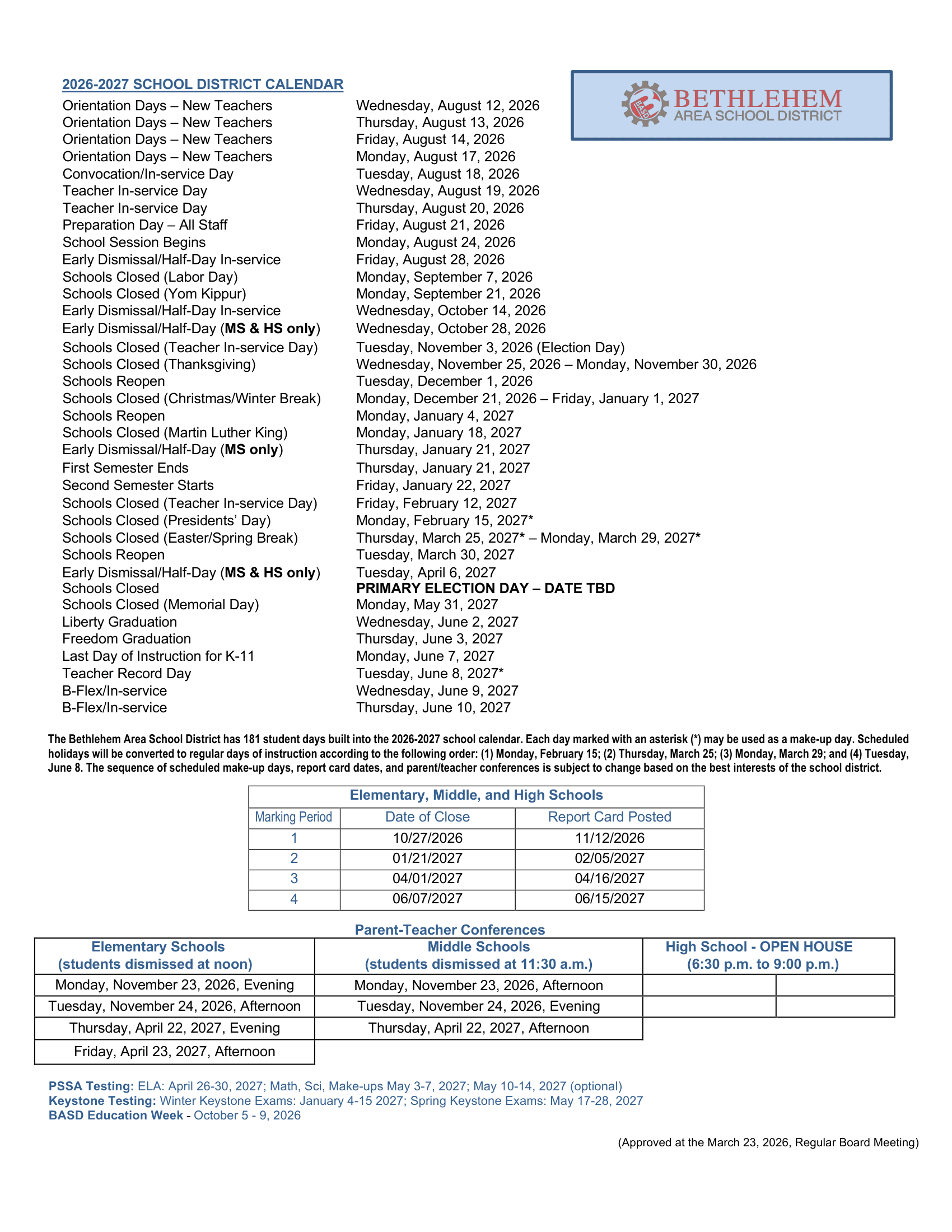 Bethlehem Area School District Calendar 26-27 Revised