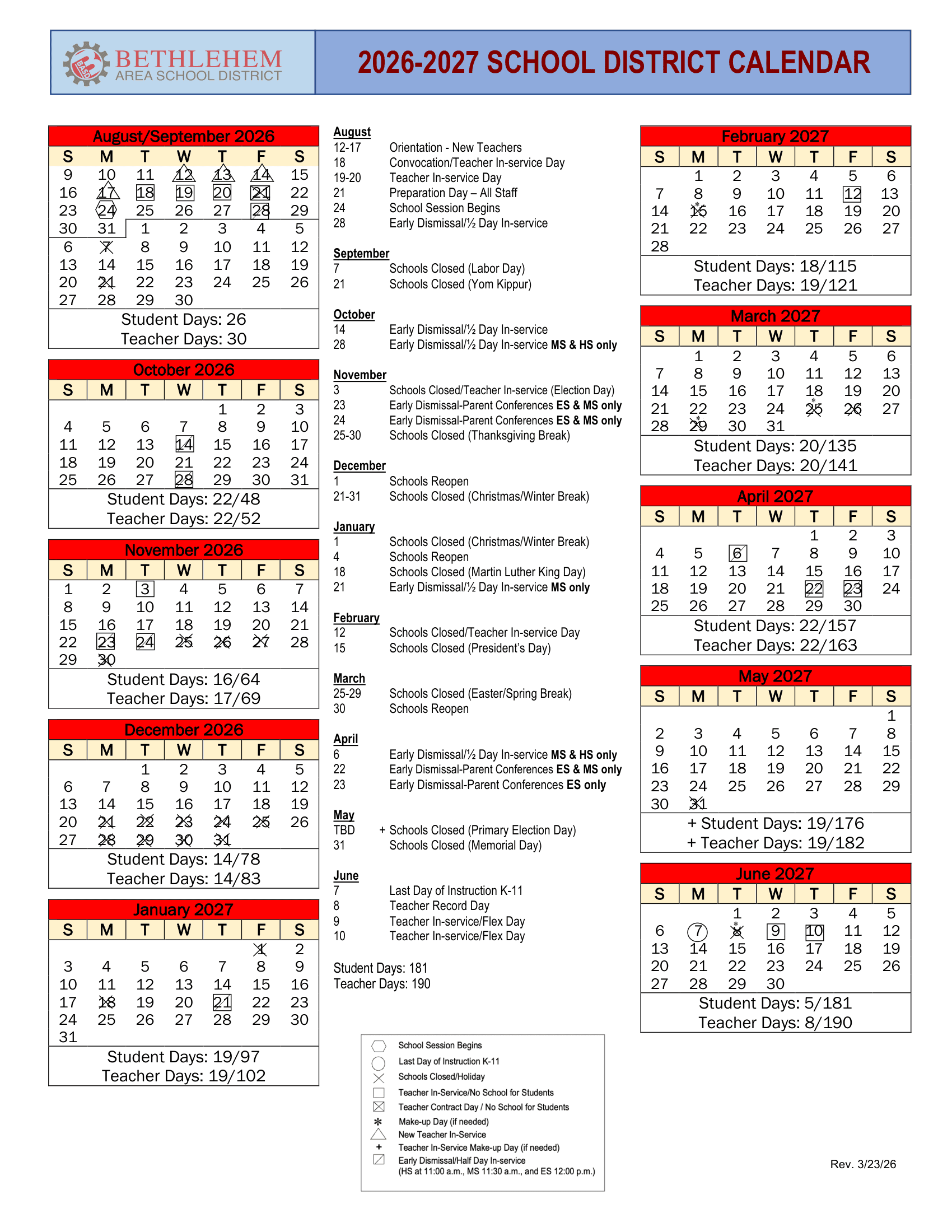 Bethlehem Area School District Calendar 26-27 Revised
