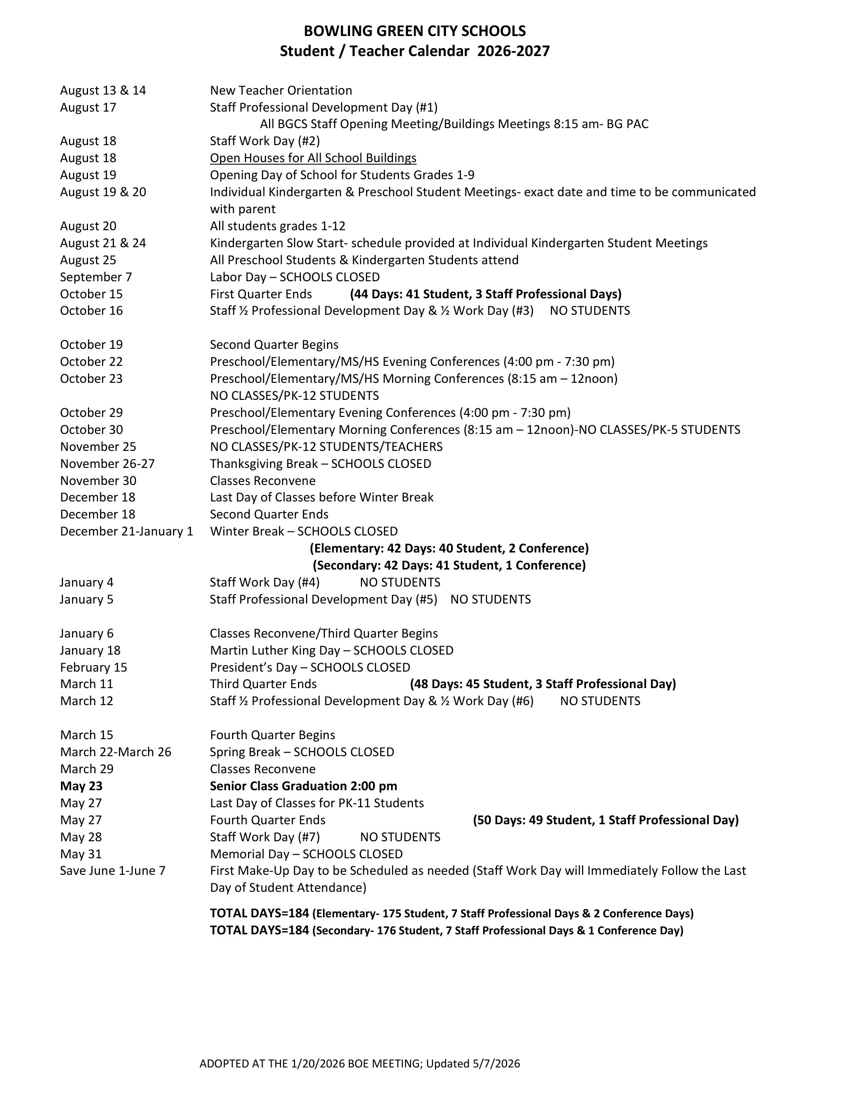 Bowling Green City Schools Calendar 26-27 Revised