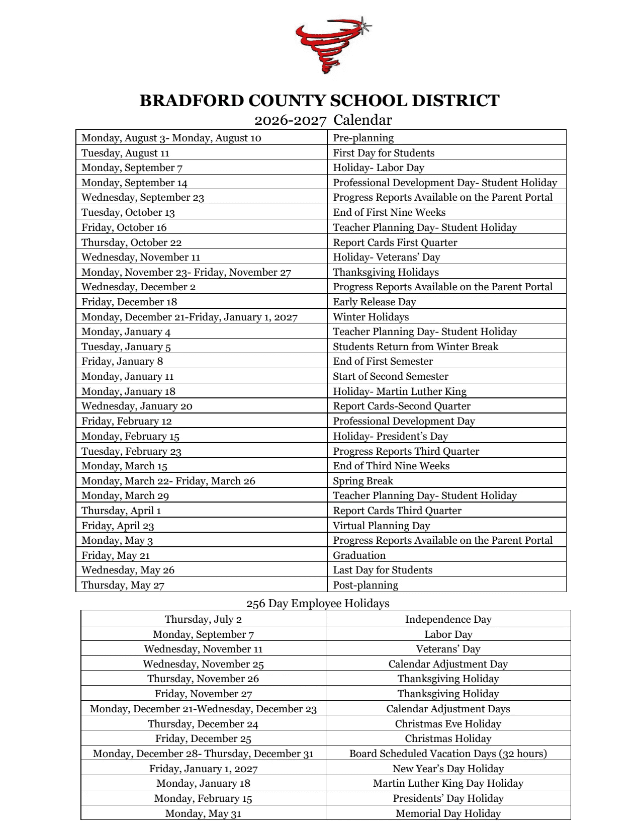 Bradford County School District Calendar 26-27 Revised