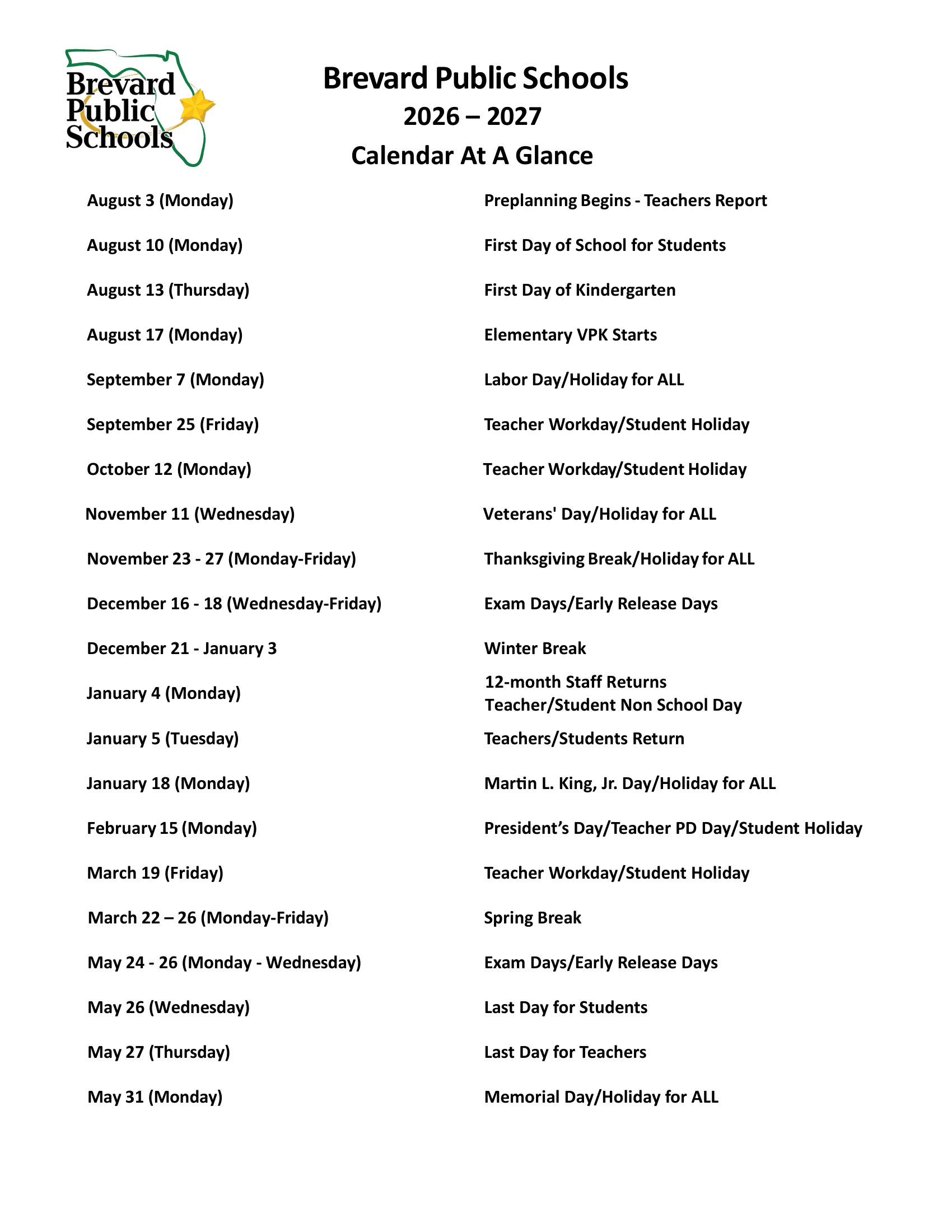 Brevard Public Schools Calendar 26-27 Revised