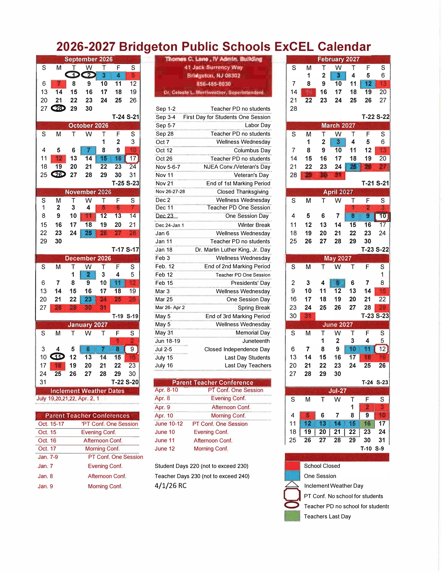 Bridgeton Public Schools Calendar 26-27 PDF