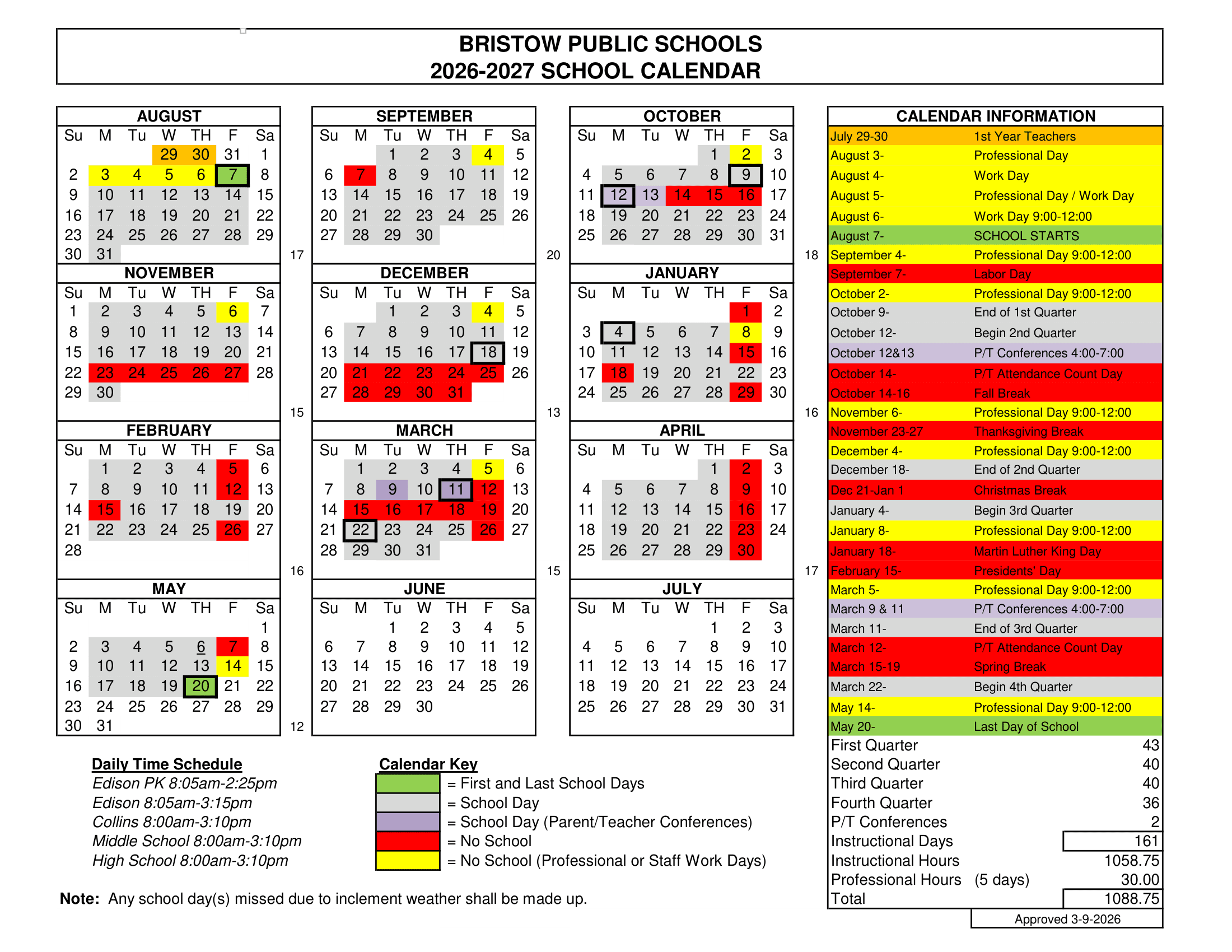 Bristow Public Schools Calendar 26-27 Revised