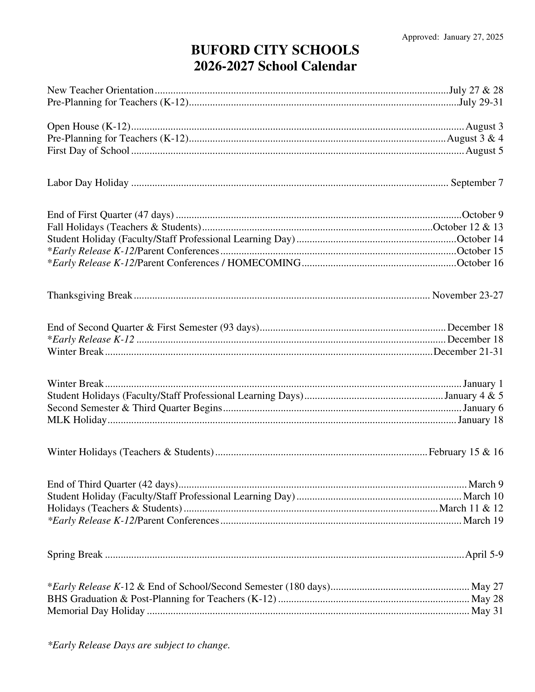 Buford City Schools Calendar 26-27 Revised