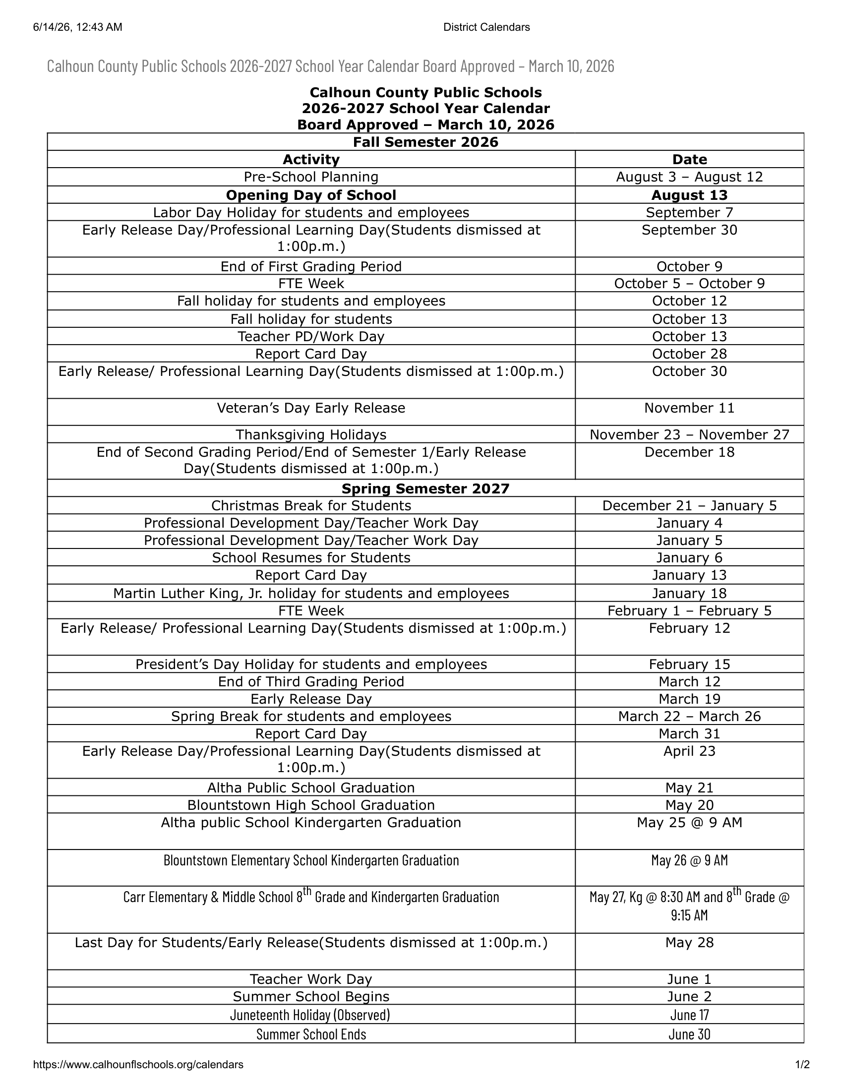 Calhoun County Public Schools Calendar 26-27 Revised