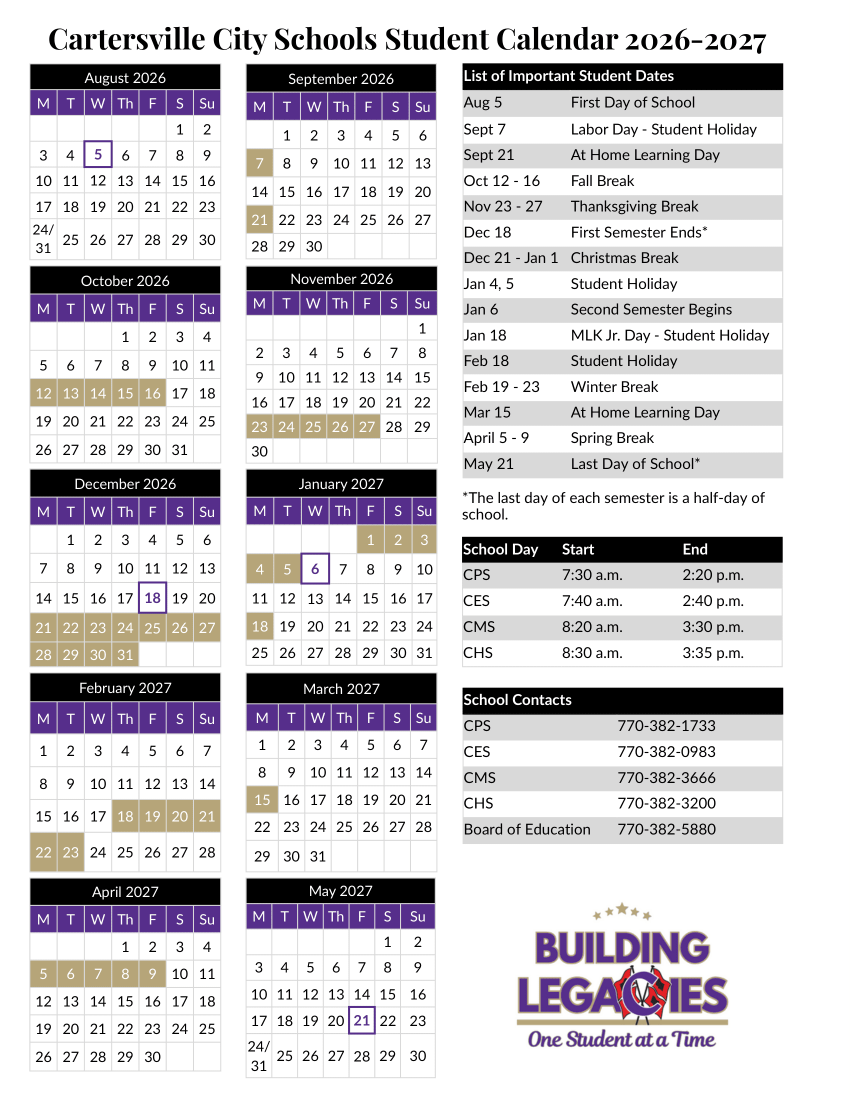 Cartersville City Schools Calendar 26-27 Revised