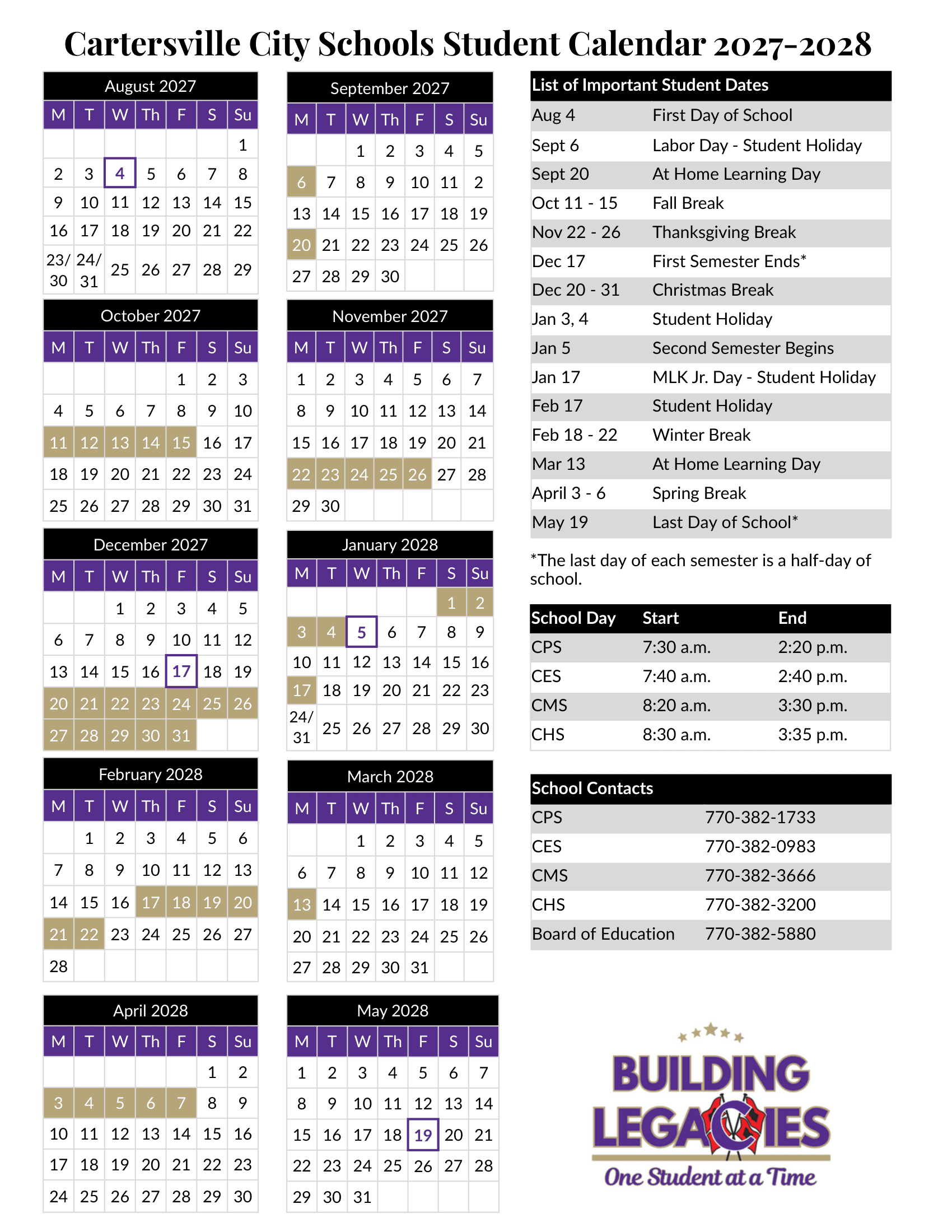 Cartersville City Schools Calendar 26-27 Revised