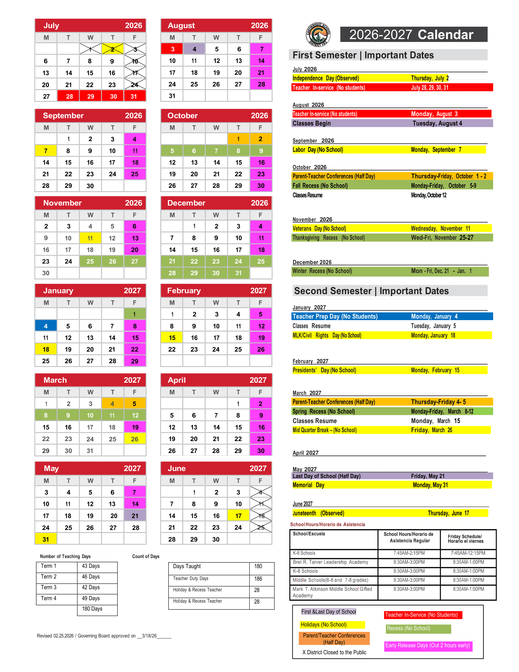 Cartwright School District Calendar 26-27 Revised