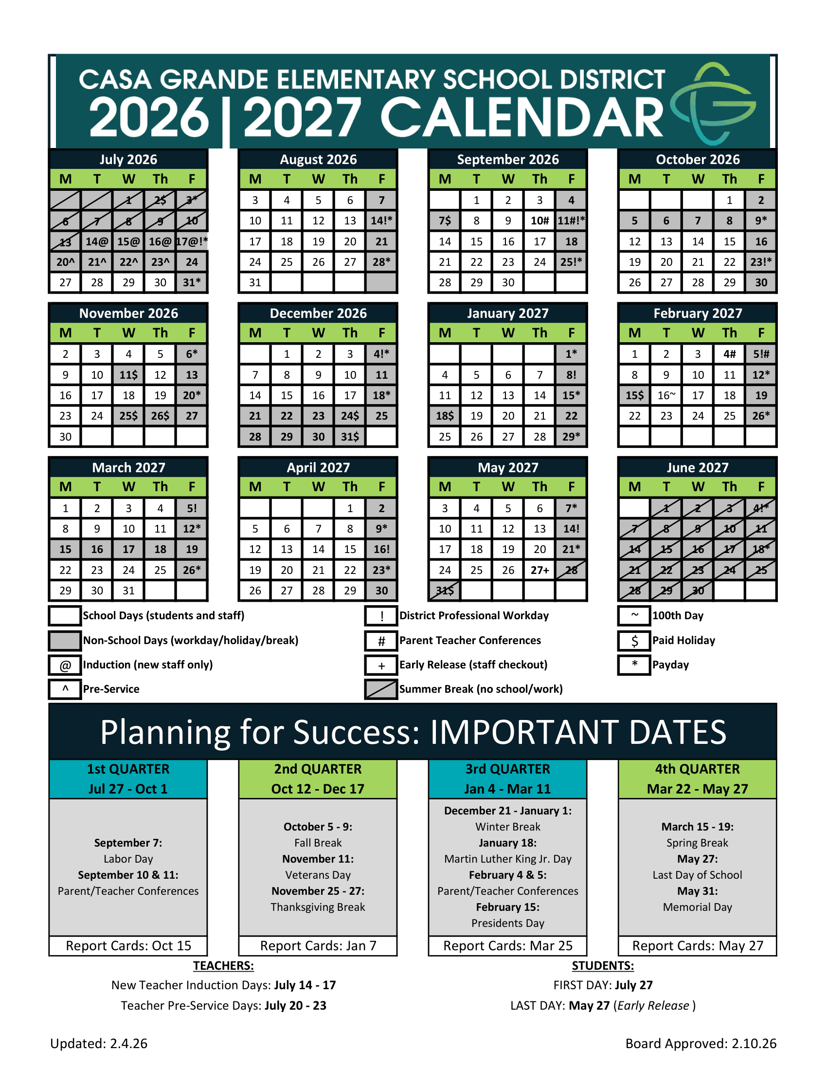Casa Grande Elementary School District Calendar 26-27 Revised