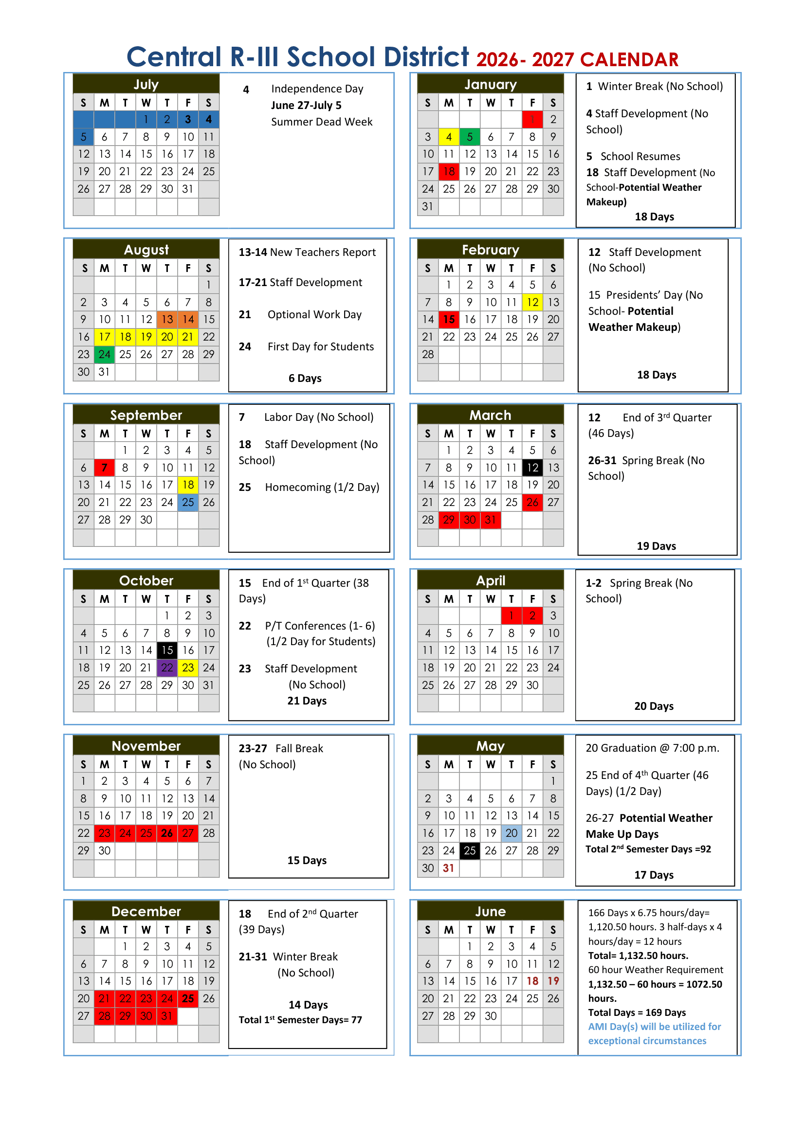 Central R-III School District Calendar 26-27 Revised