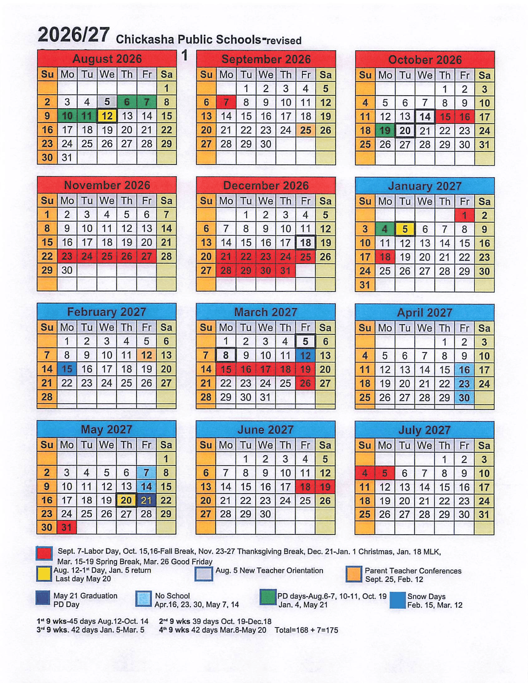 Chickasha Public Schools Calendar 26-27 Revised