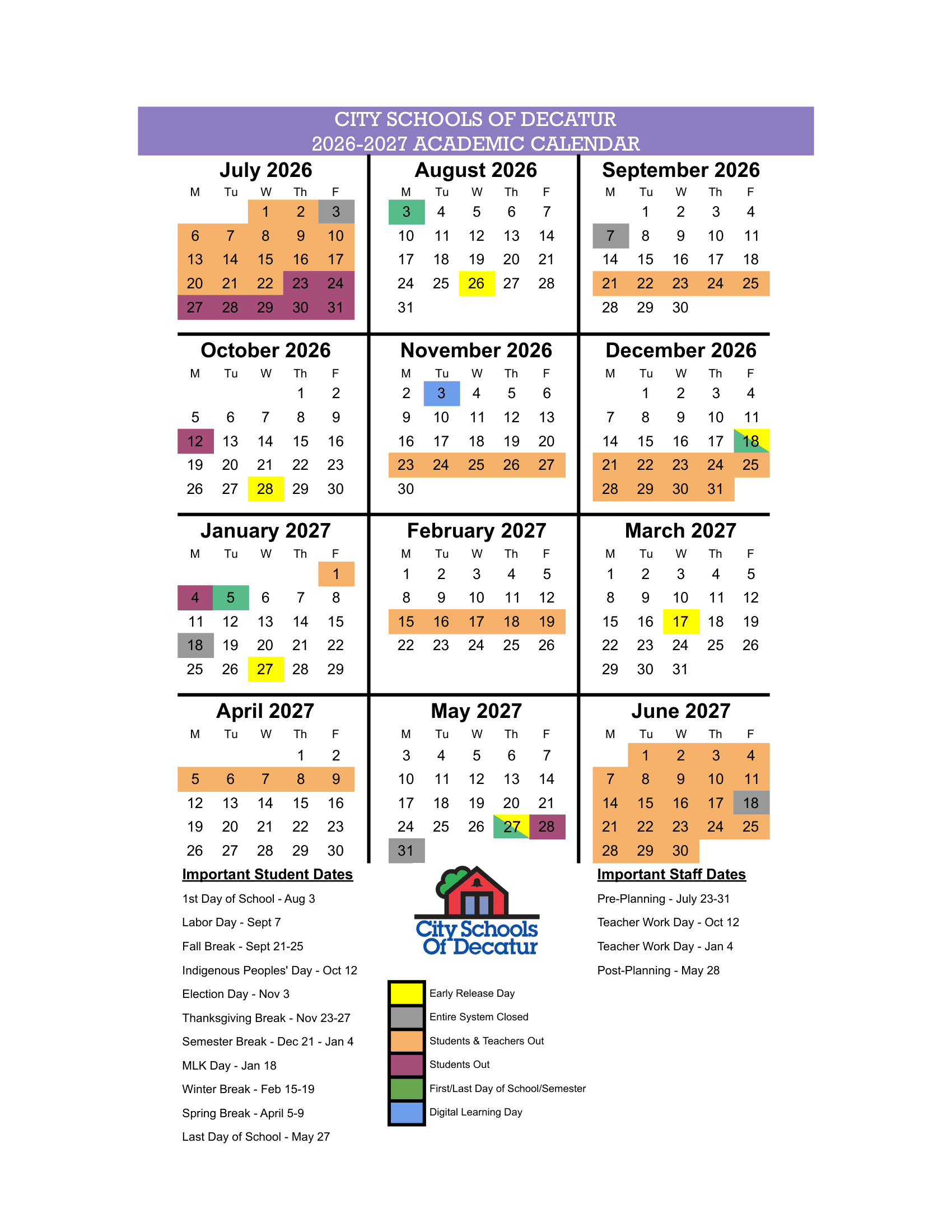 City Schools of Decatur Calendar 26-27 Revised