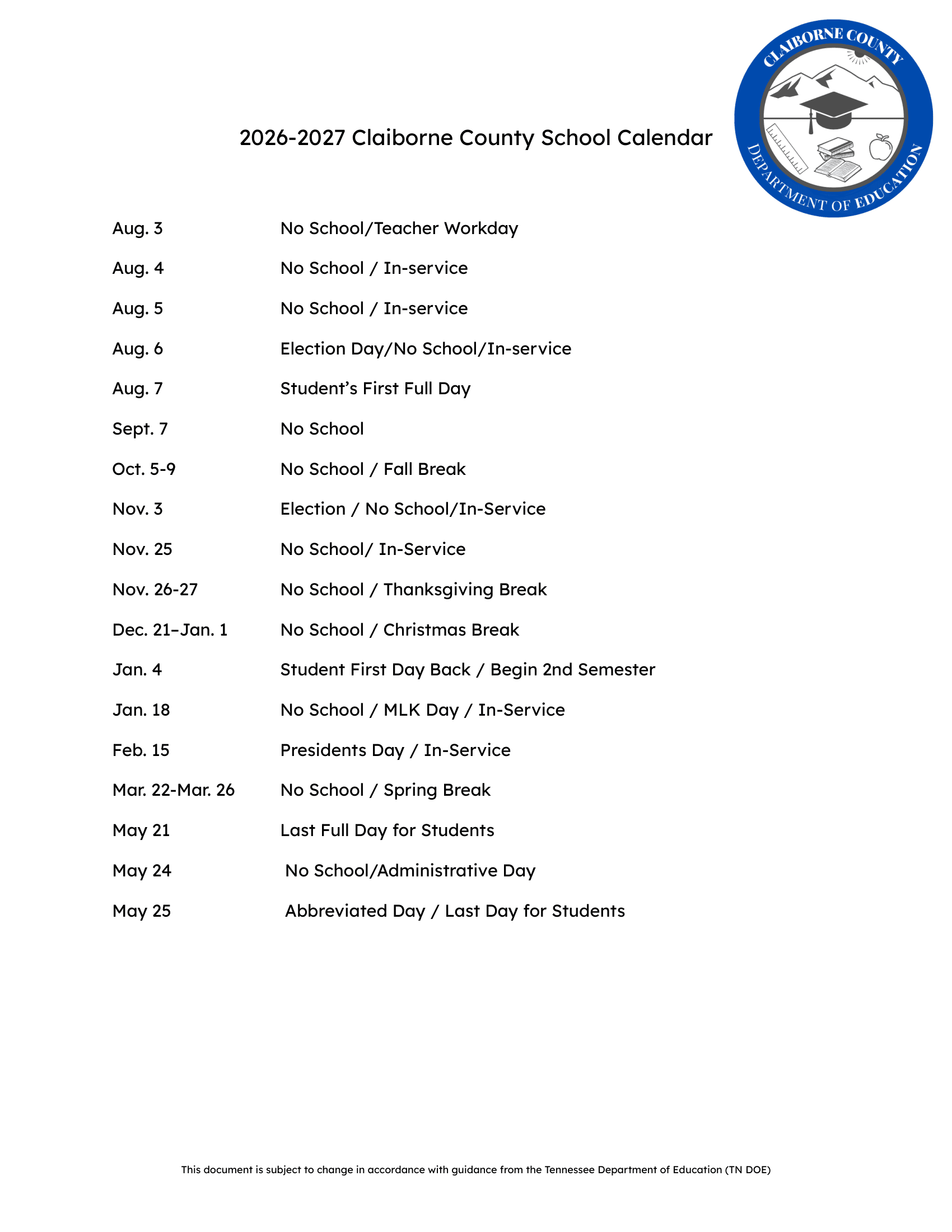 Claiborne County School Calendar Calendar 26-27 Rev V1