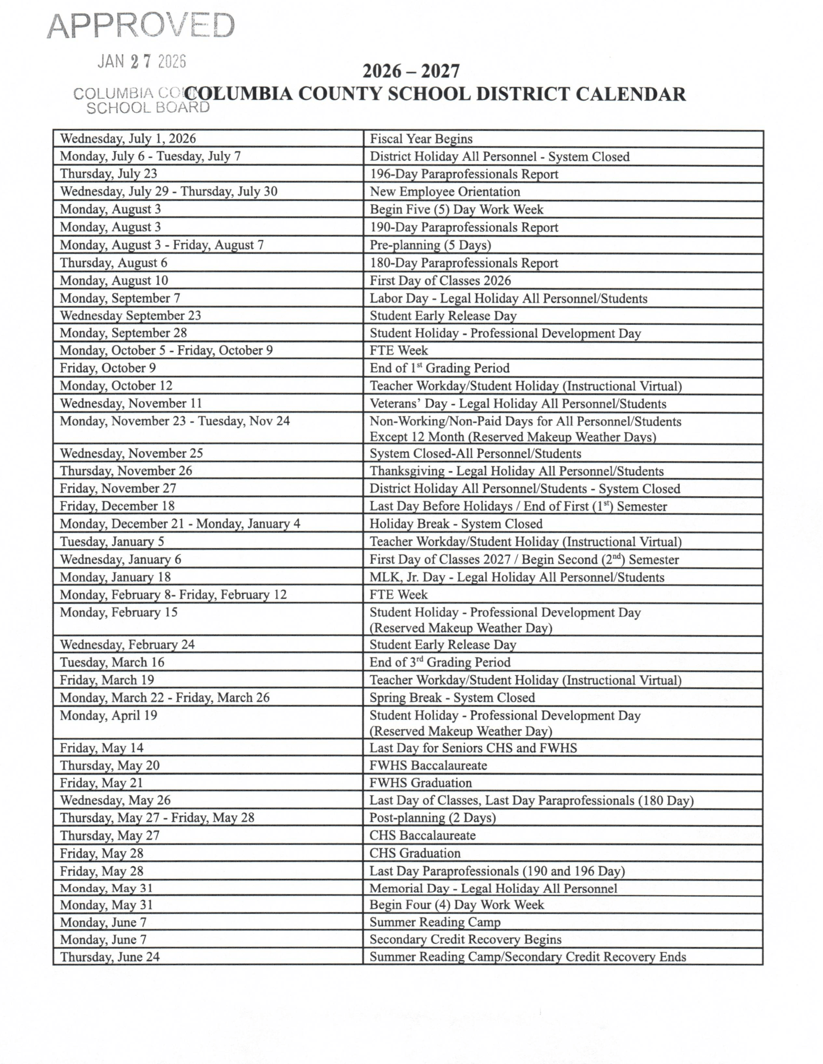Columbia County School District Calendar 26-27 Revised
