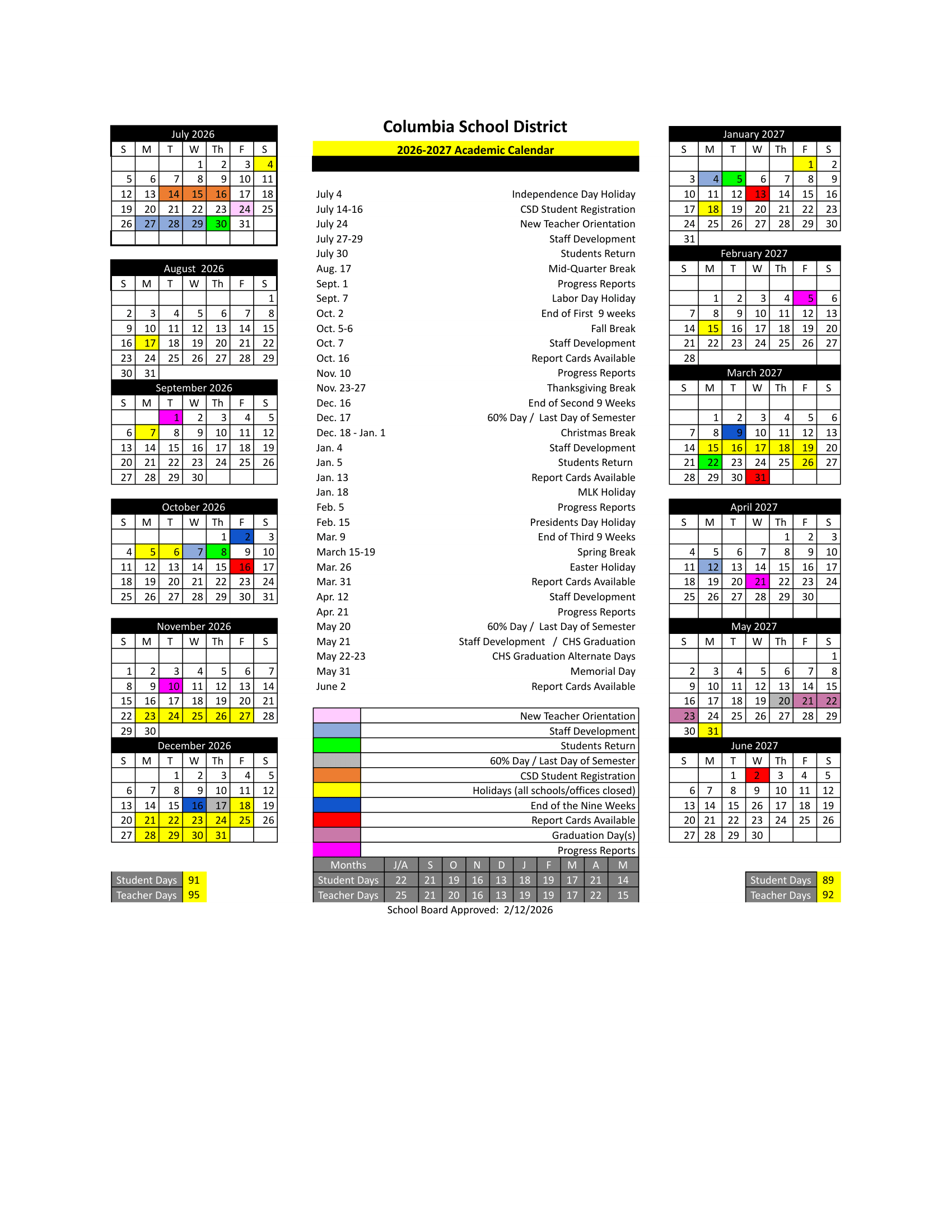 Columbia School District Calendar 26-27 Revised
