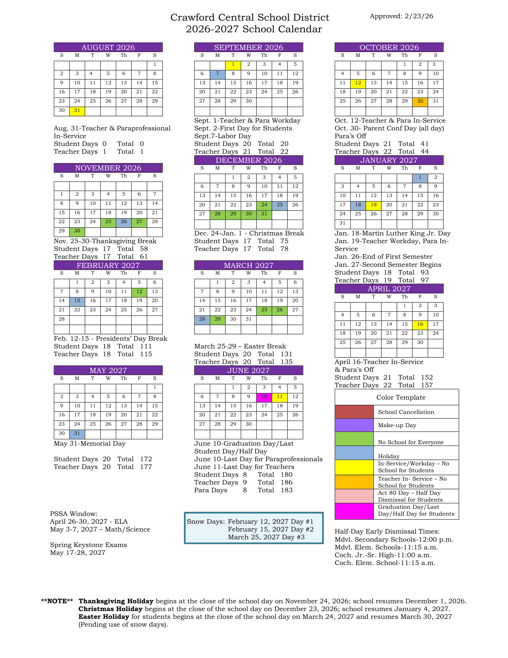Crawford Central School District Calendar 26-27 Revised
