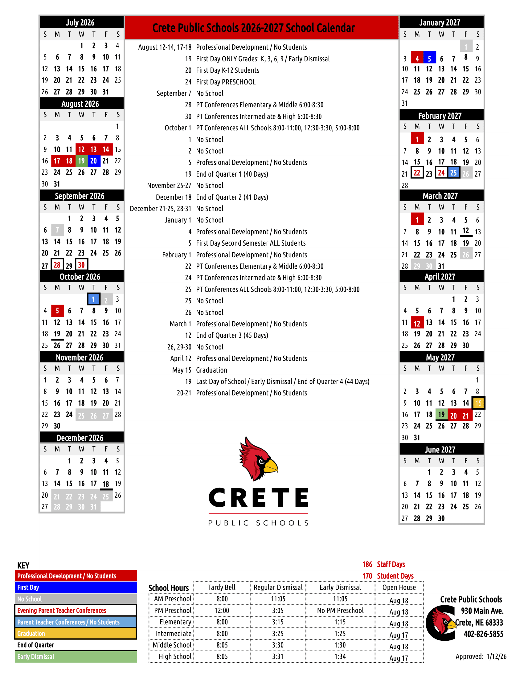 Crete Public Schools Calendar 26-27 Revised