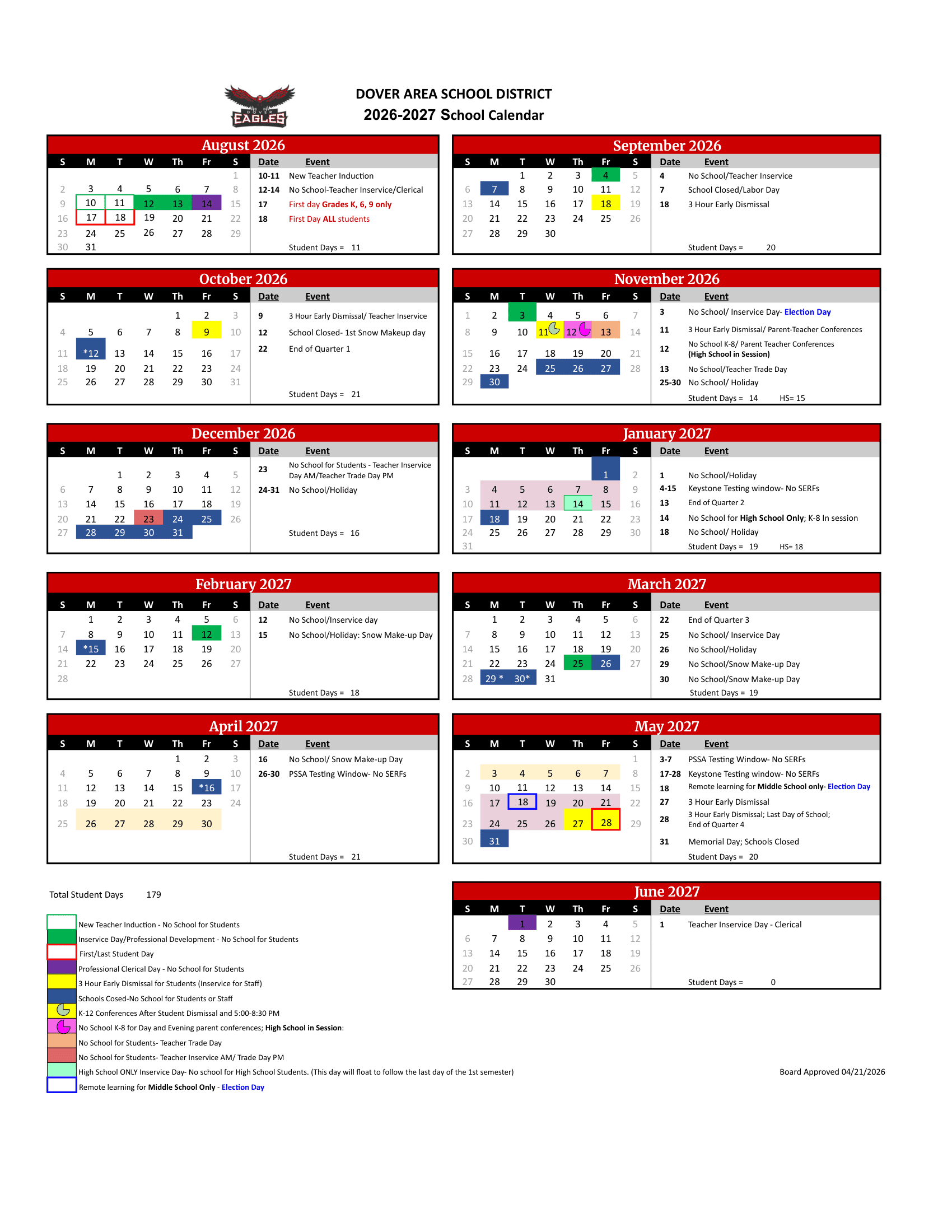 DOVER AREA SCHOOL DISTRICT Calendar 26-27 Revised