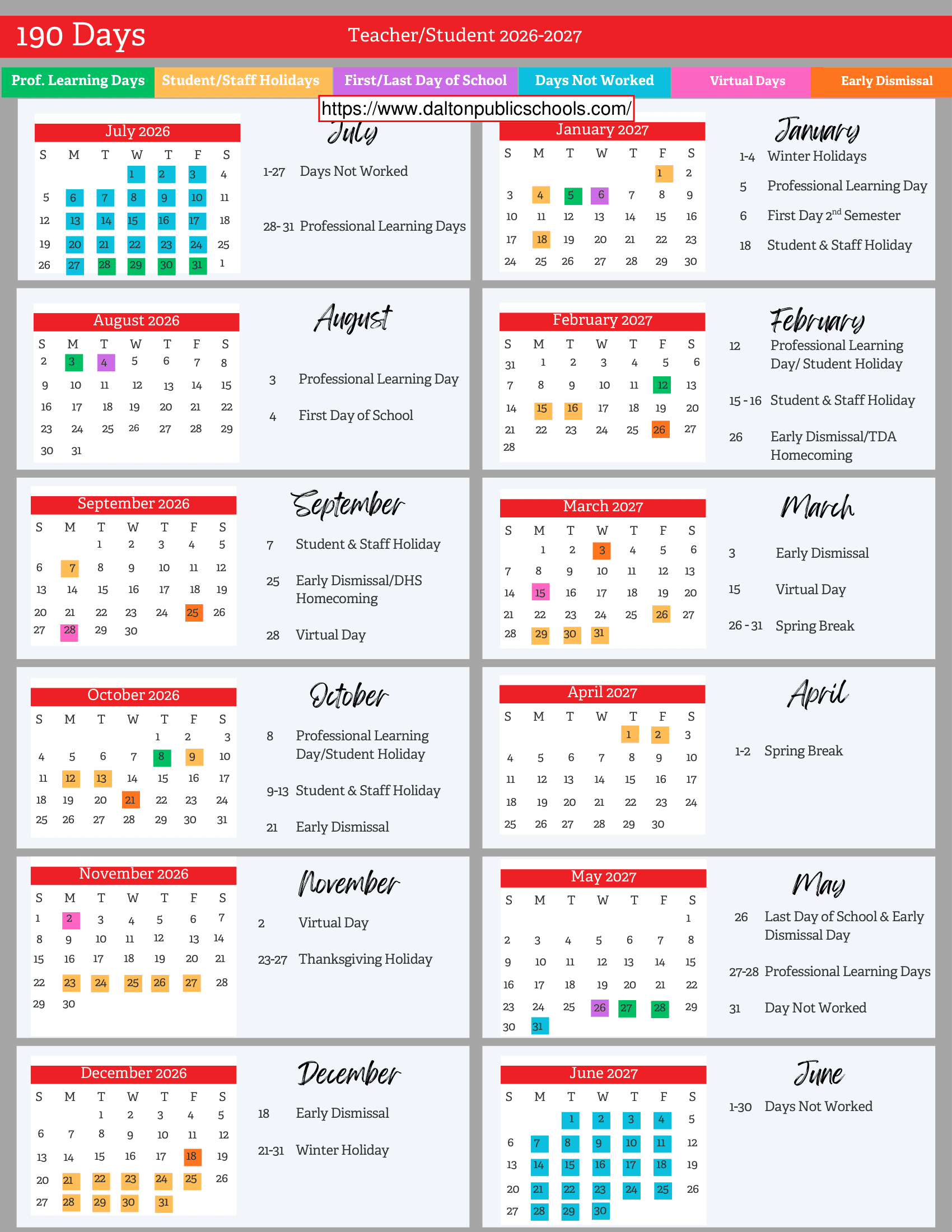 Dalton Public Schools Calendar 26-27 Revised