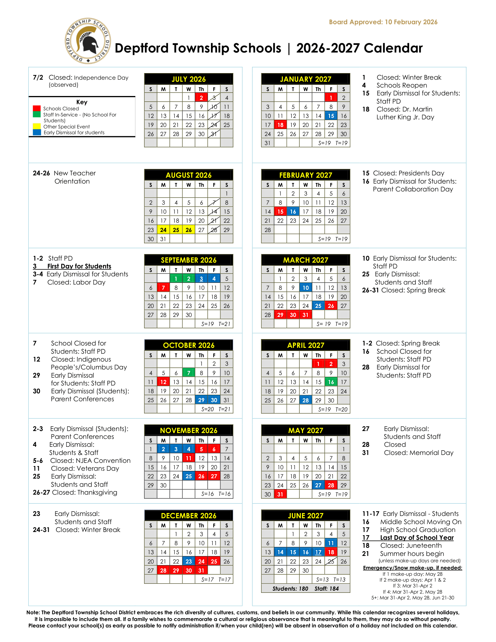 Deptford Township Schools Calendar 26-27 PDF