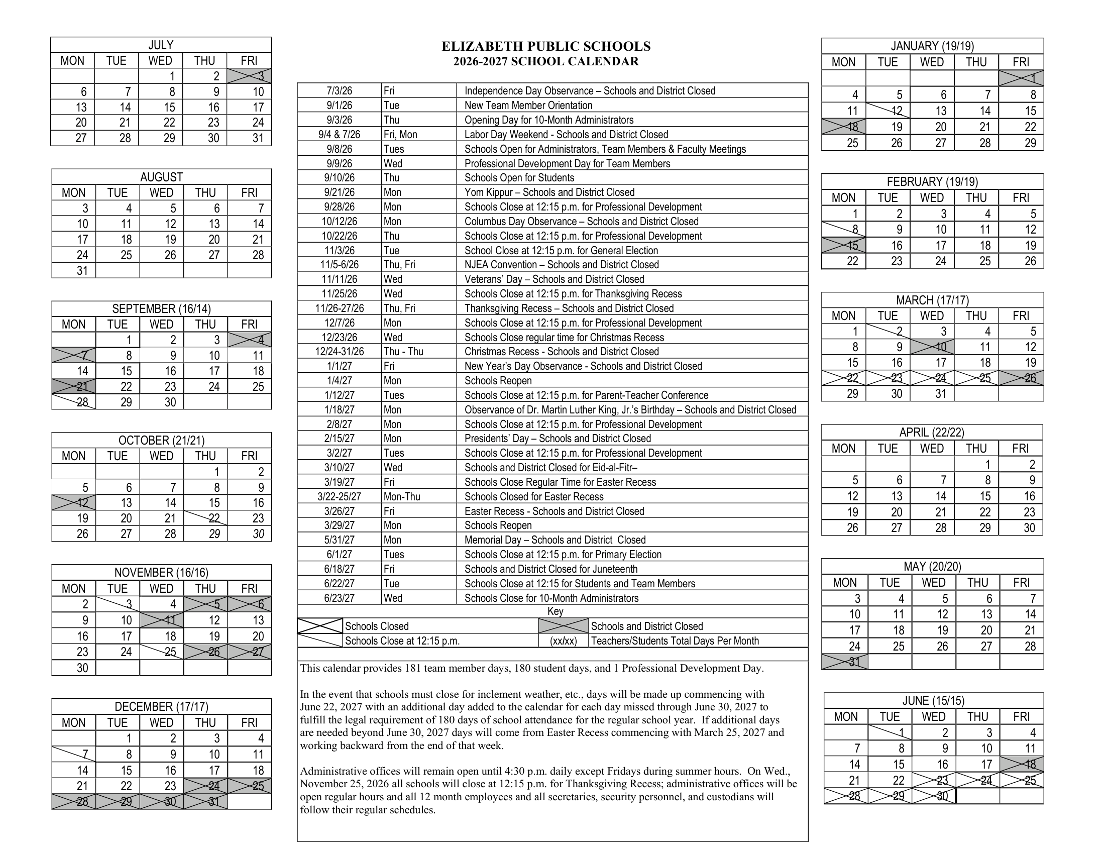 ELIZABETH PUBLIC SCHOOLS Calendar 26-27 PDF