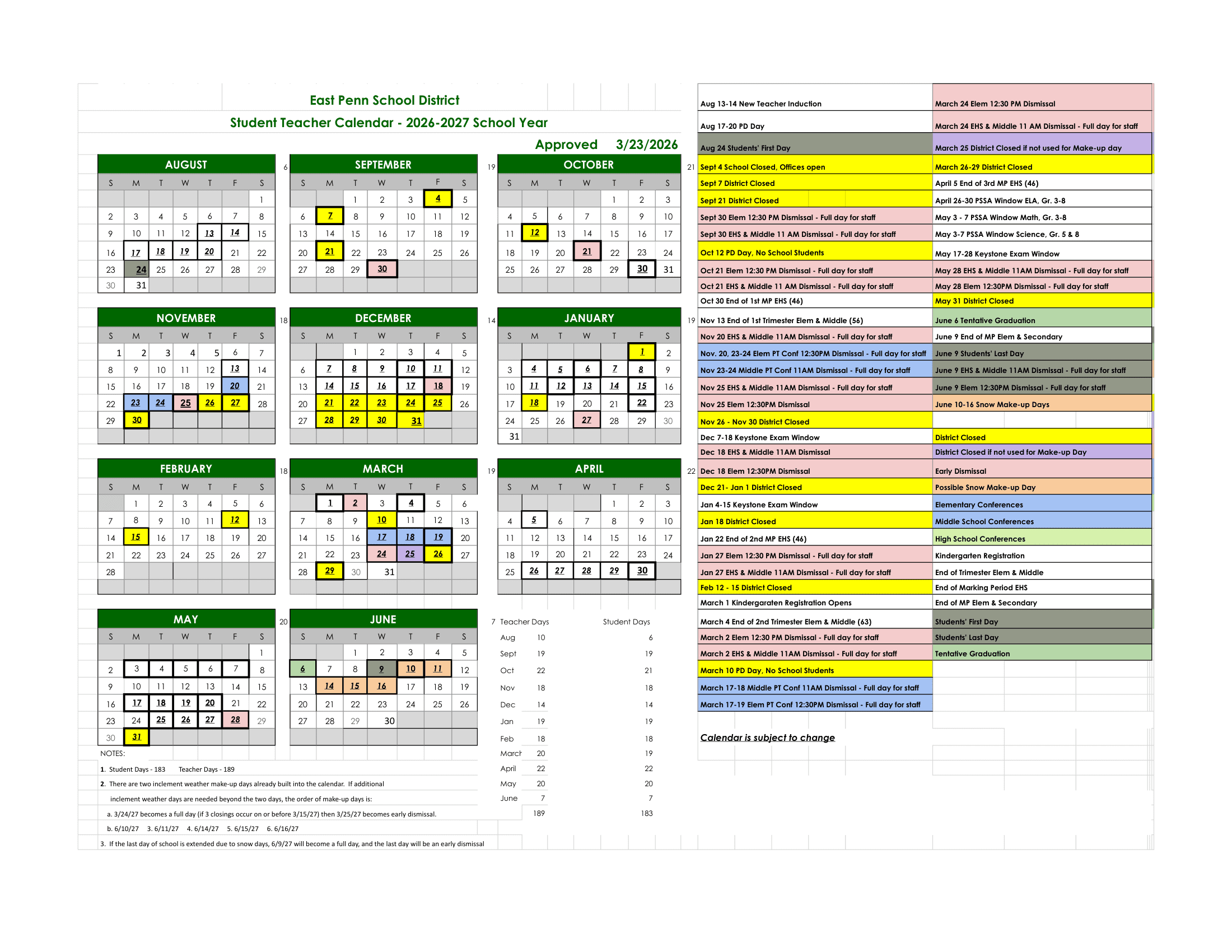 East Penn School District Calendar 26-27 Revised