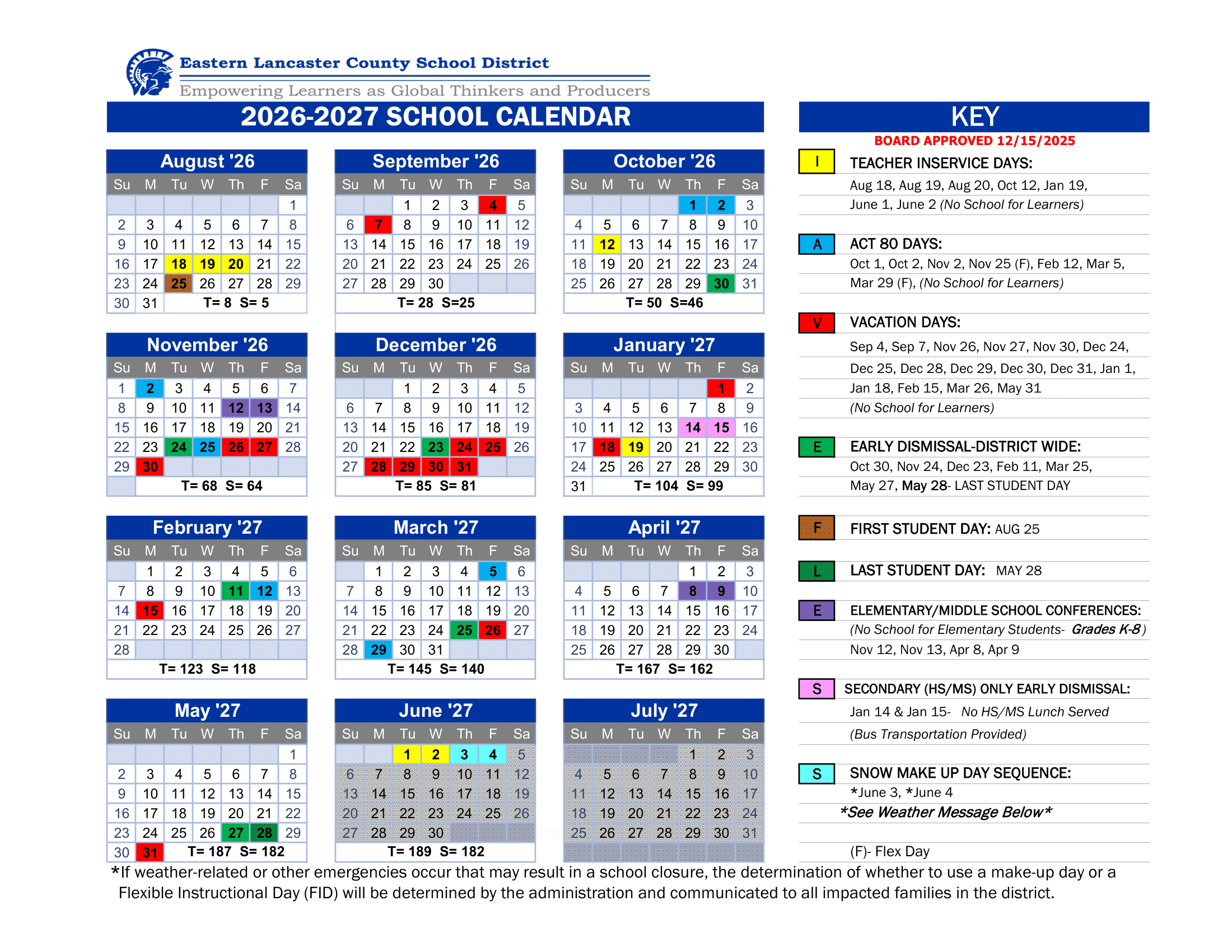 Eastern Lancaster County School District Calendar 26-27 Revised