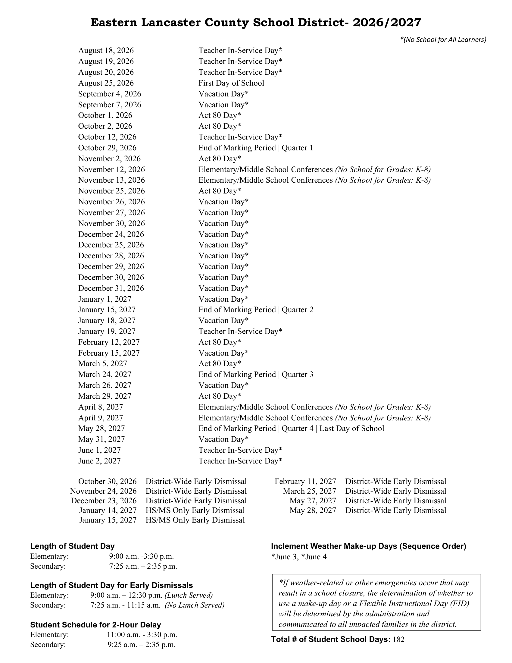 Eastern Lancaster County School District Calendar 26-27 Revised