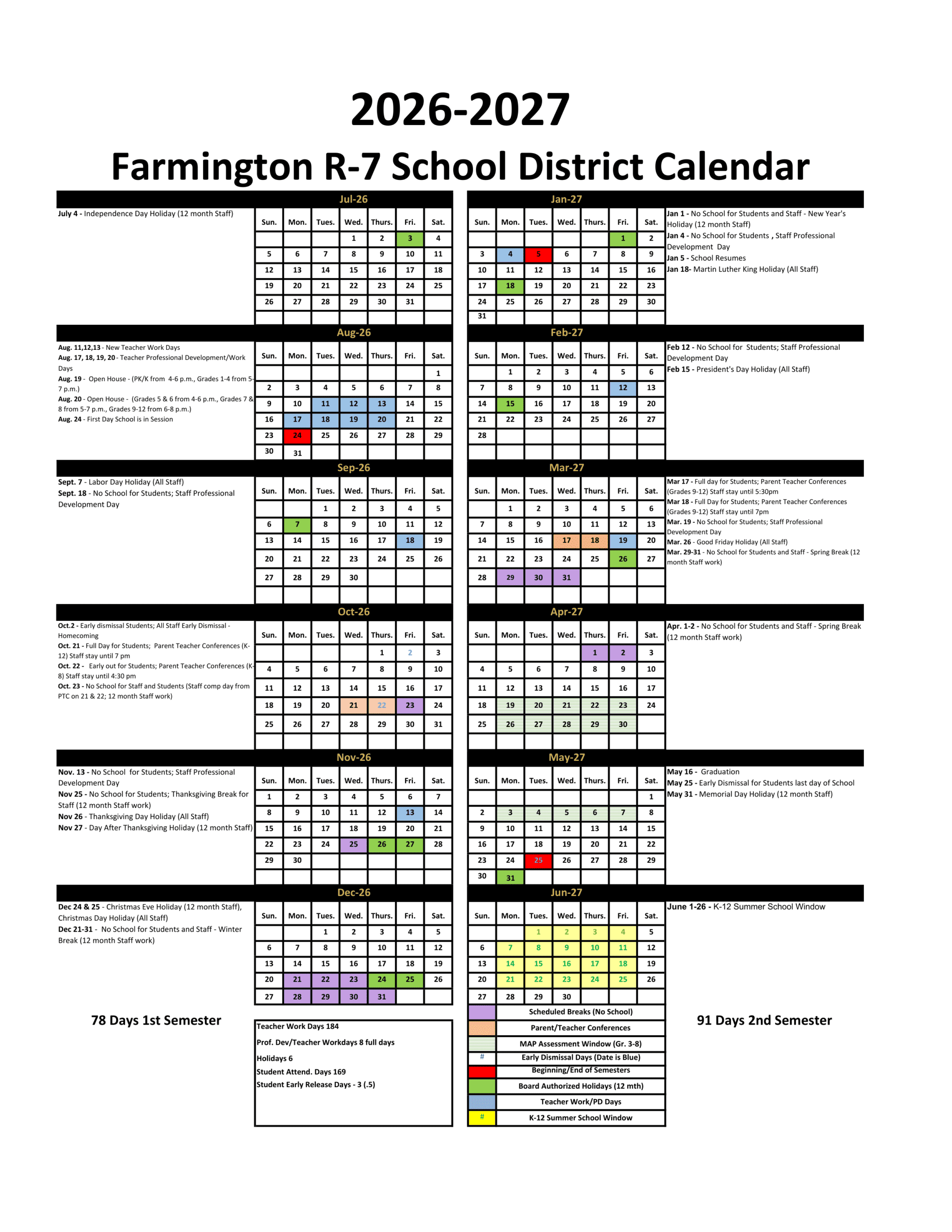 Farmington R-7 School District Calendar 26-27 Revised