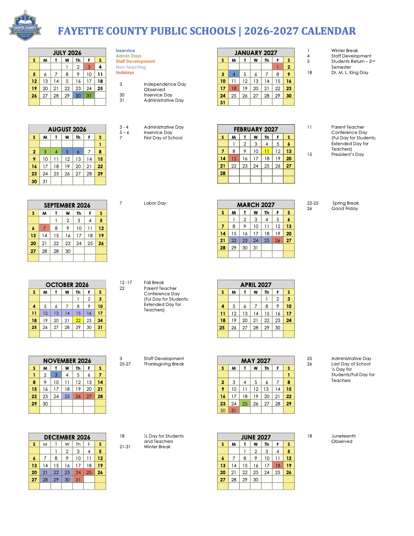 Fayette County Public Schools Calendar 26-27 Rev V1