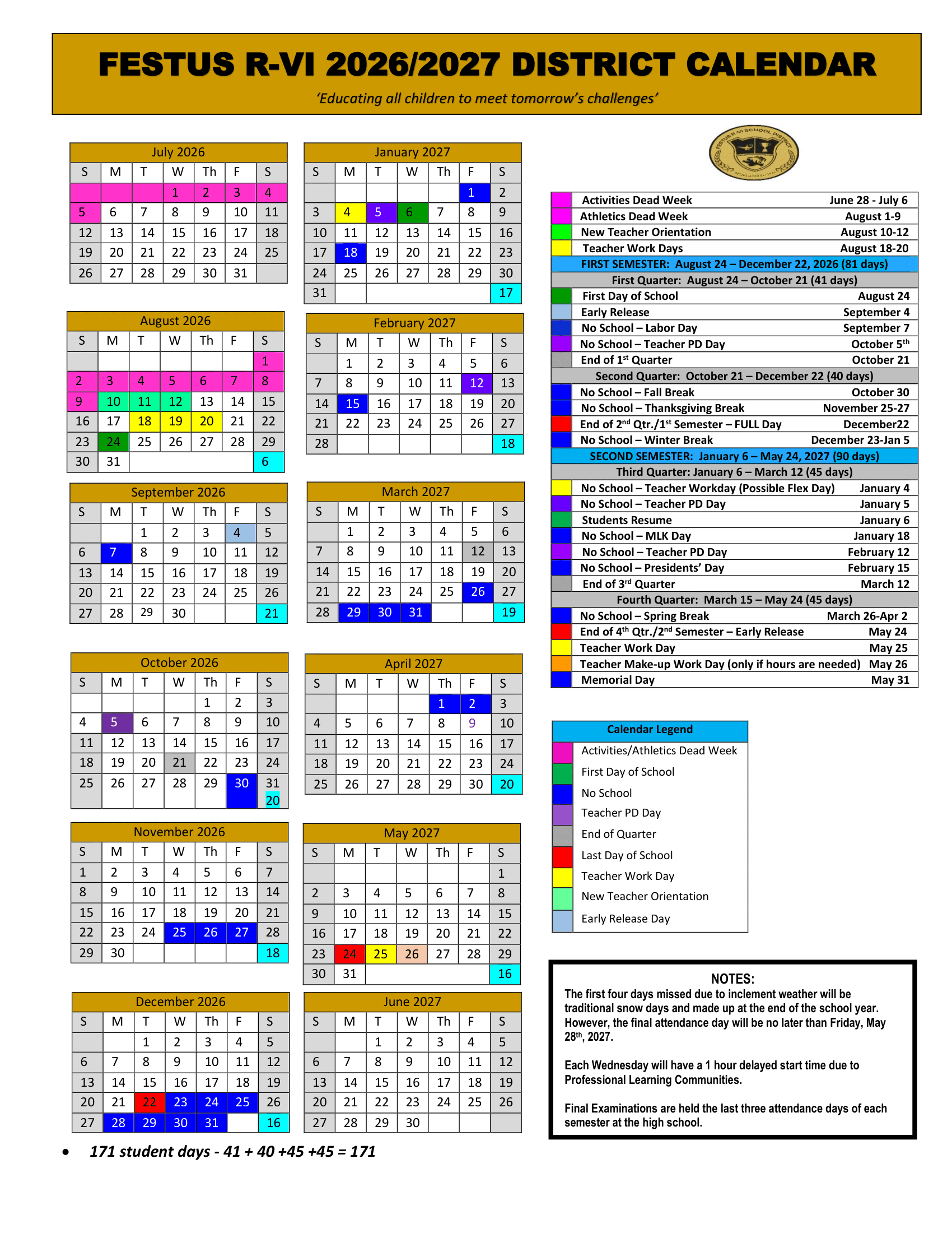 Festus R-VI Calendar 26-27 Revised