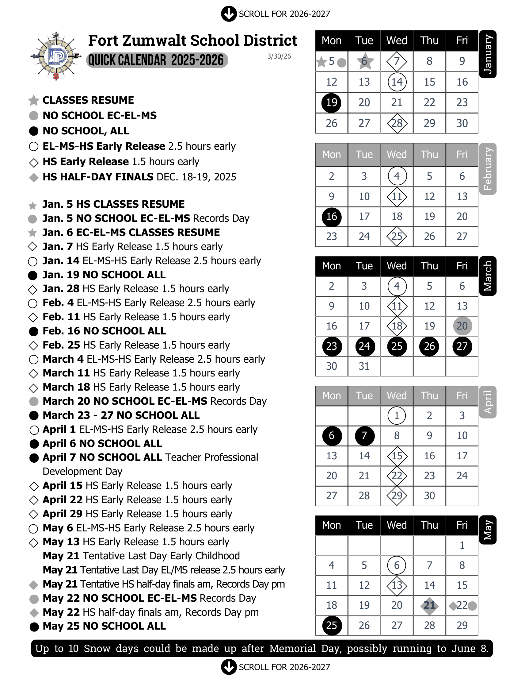 Fort Zumwalt School District Calendar 25-26 Revised