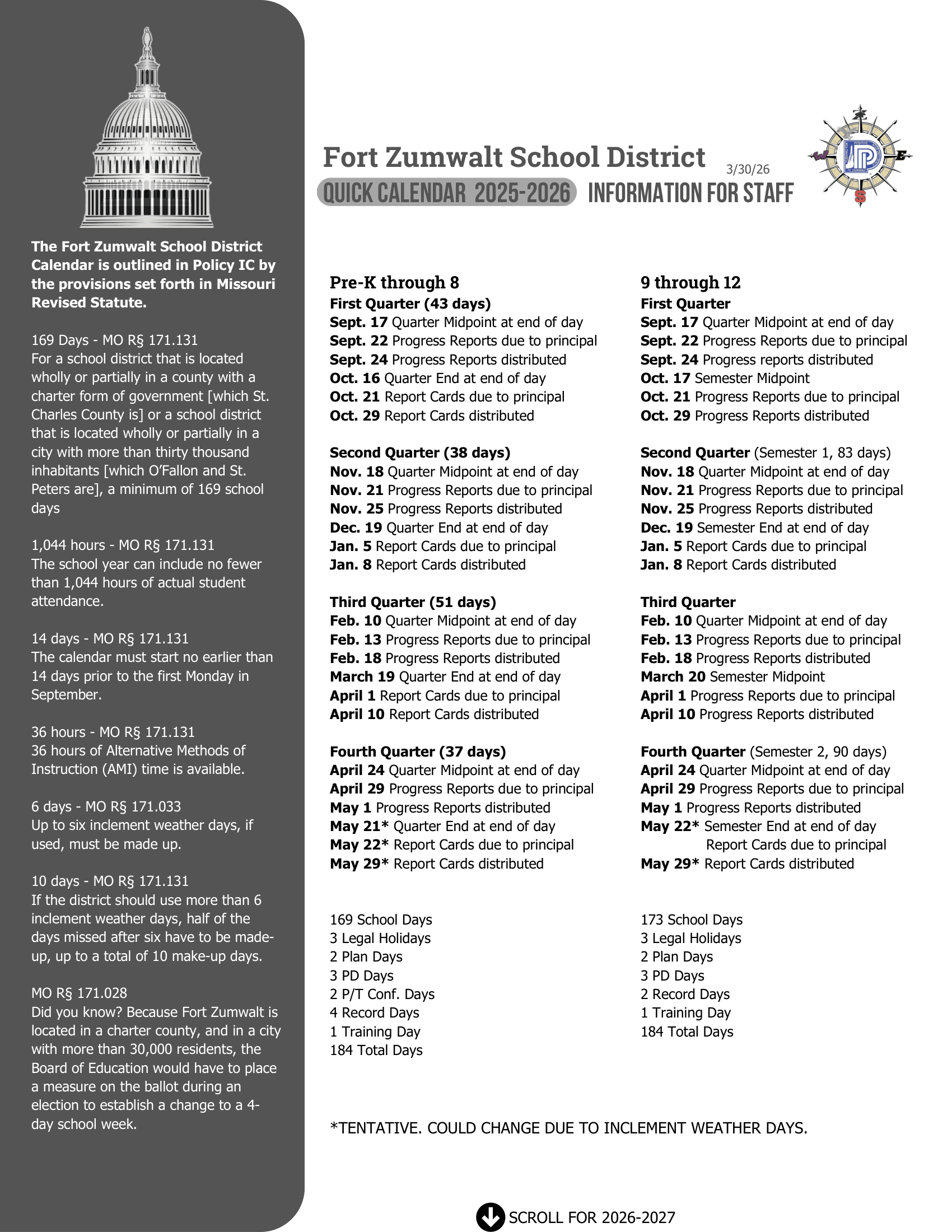 Fort Zumwalt School District Calendar 25-26 Revised