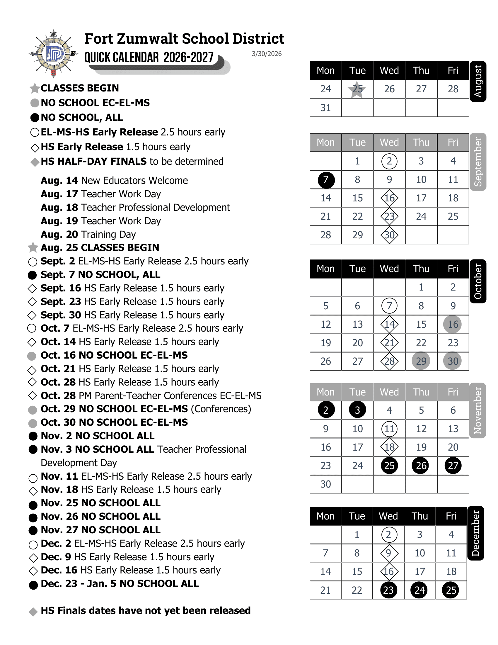 Fort Zumwalt School District Calendar 25-26 Revised