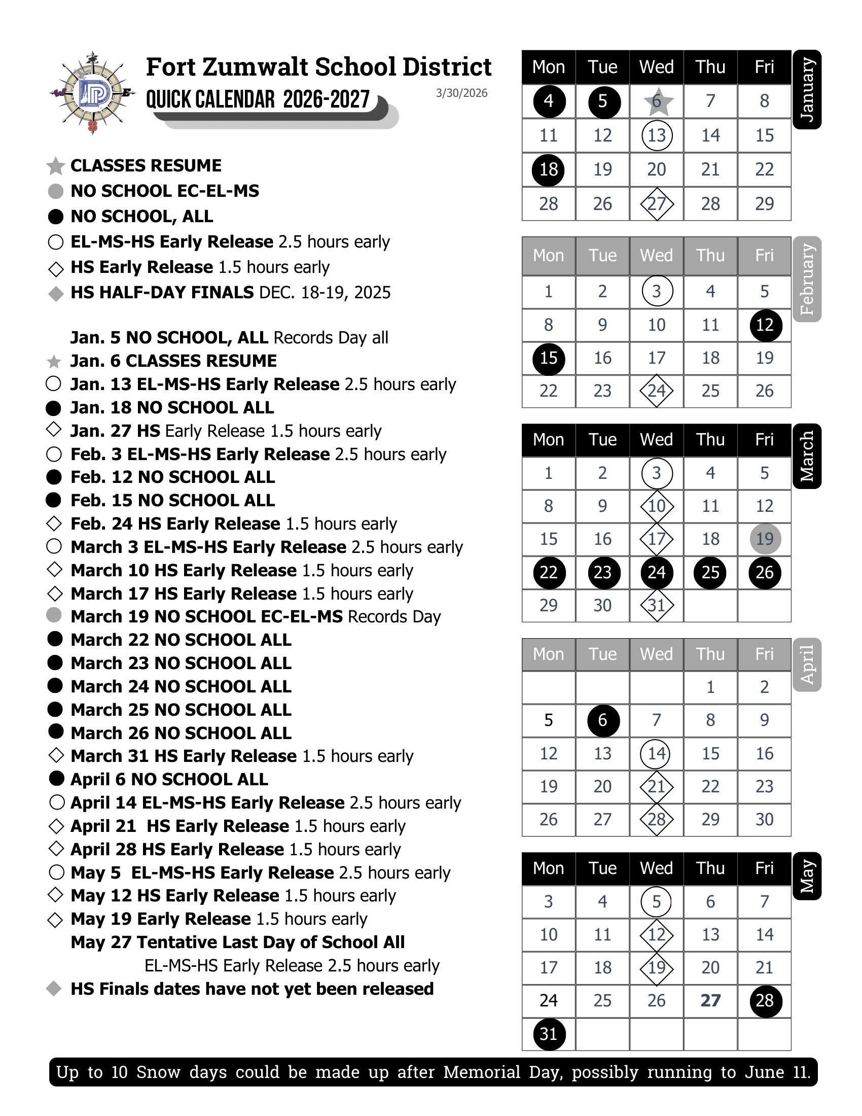 Fort Zumwalt School District Calendar 25-26 Revised