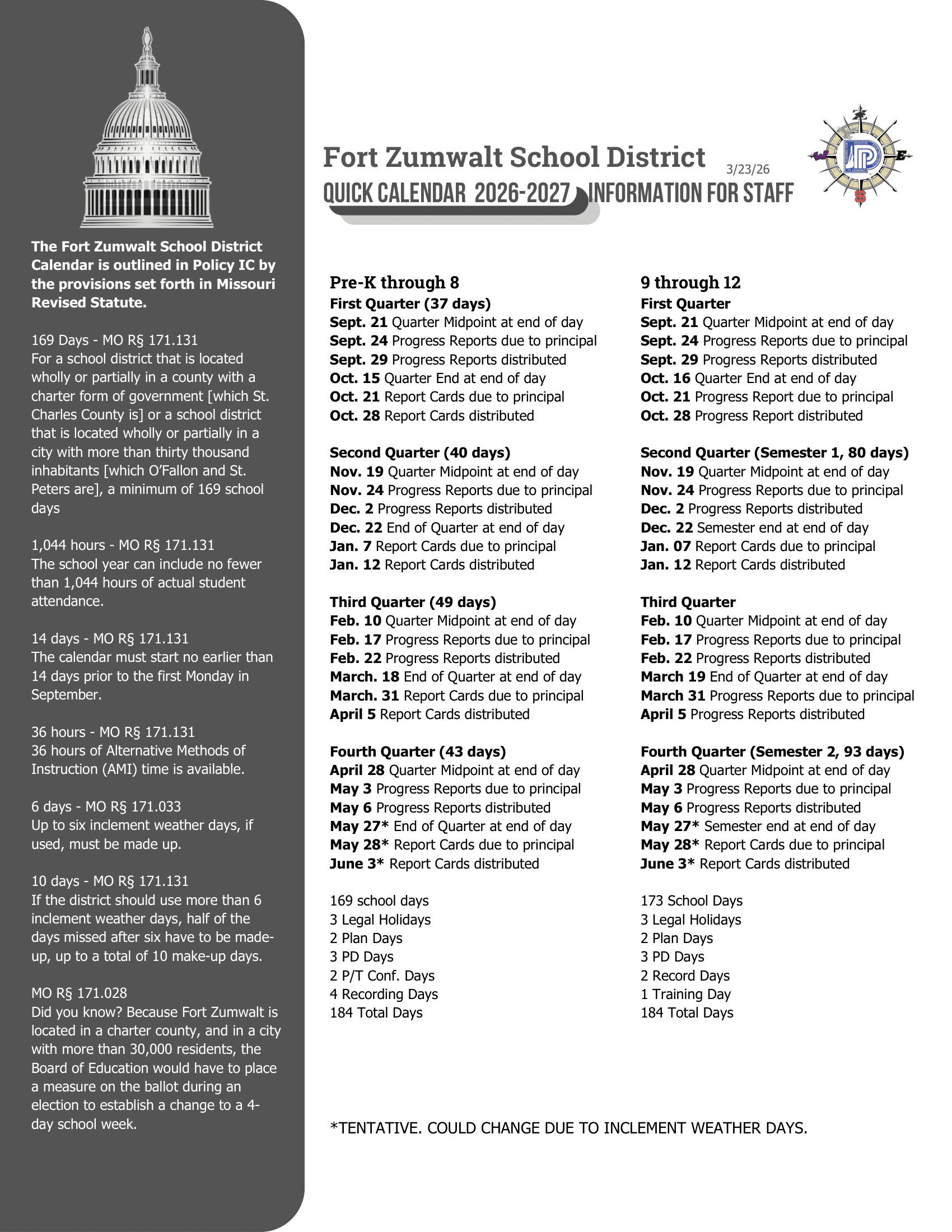 Fort Zumwalt School District Calendar 25-26 Revised