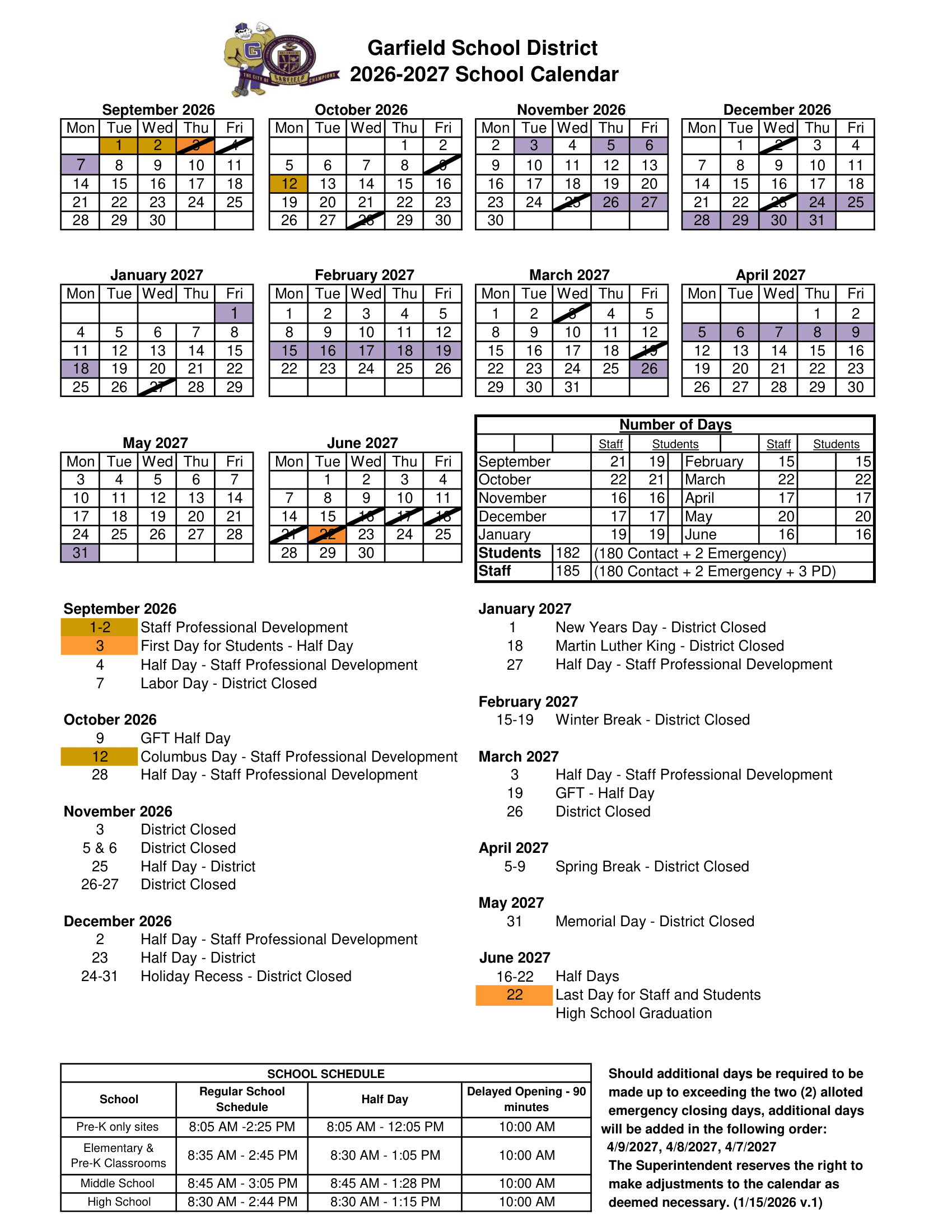 Garfield School District Calendar 26-27 PDF