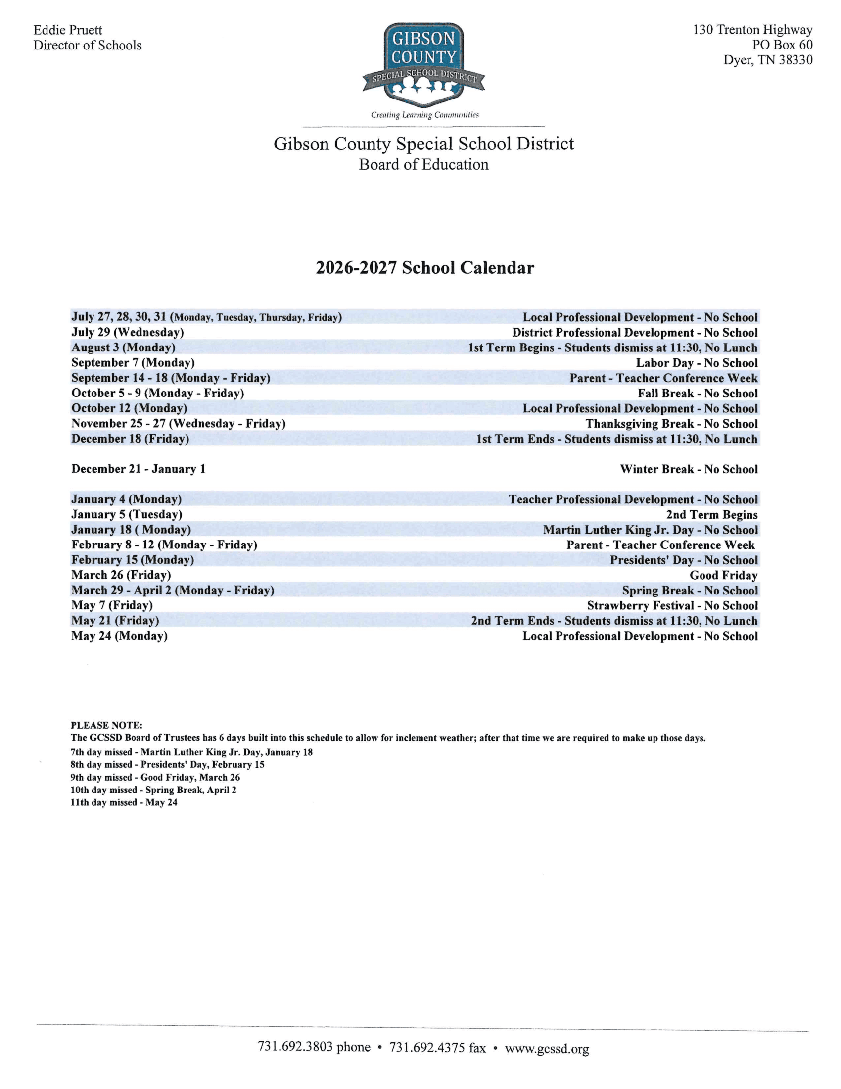 Gibson County Special School District Calendar 26-27 Rev V1