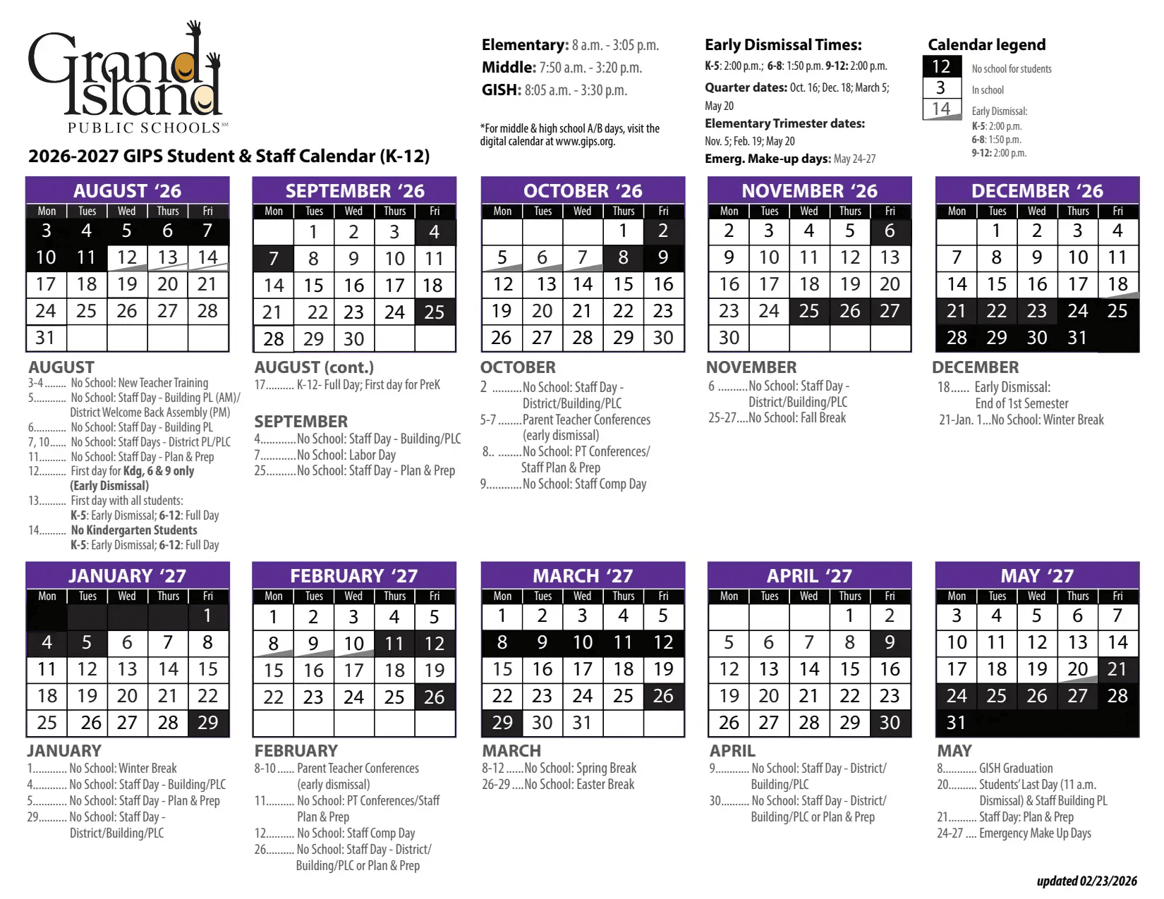 Grand Island Public Schools Calendar 26-27 Revised