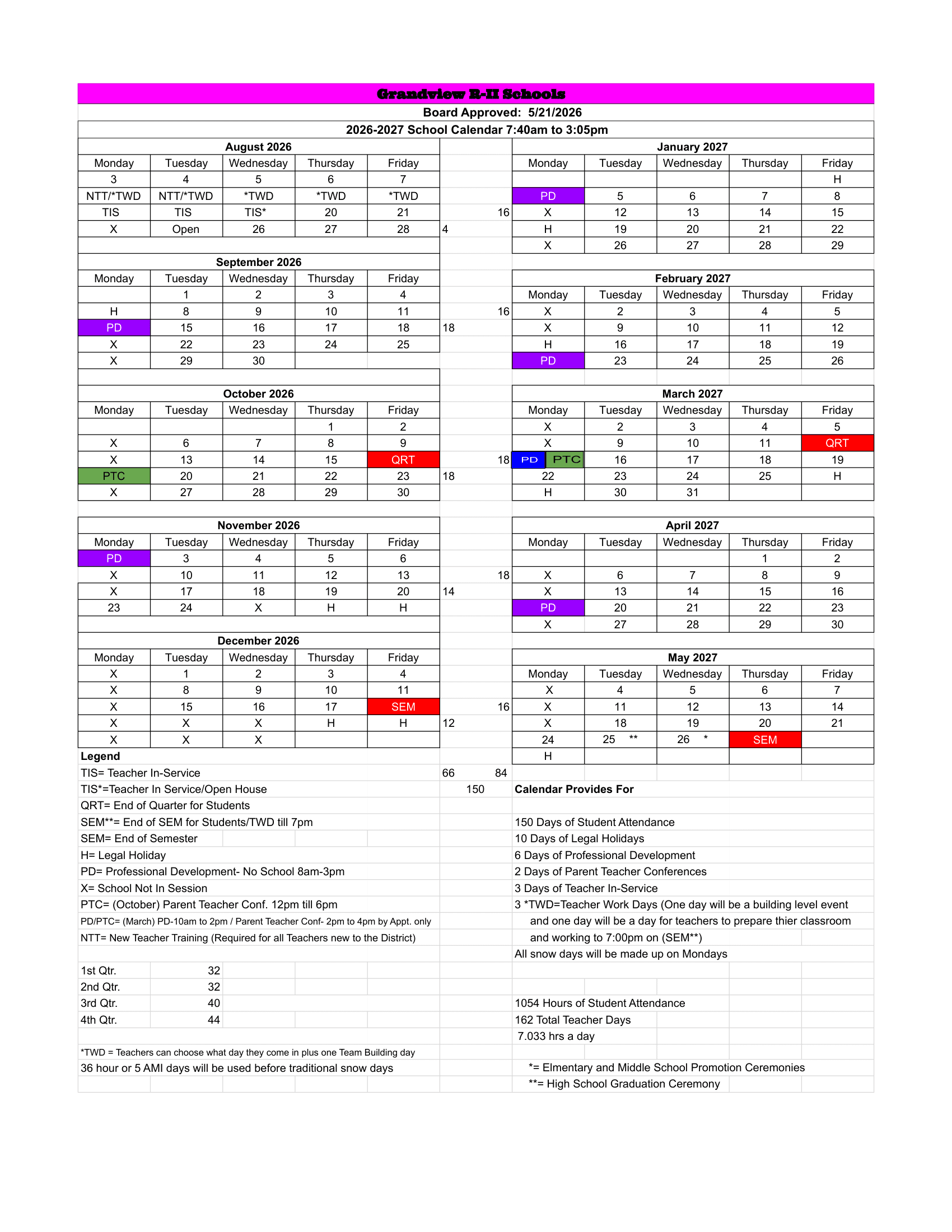 Grandview R-II Schools Calendar 26-27 Revised