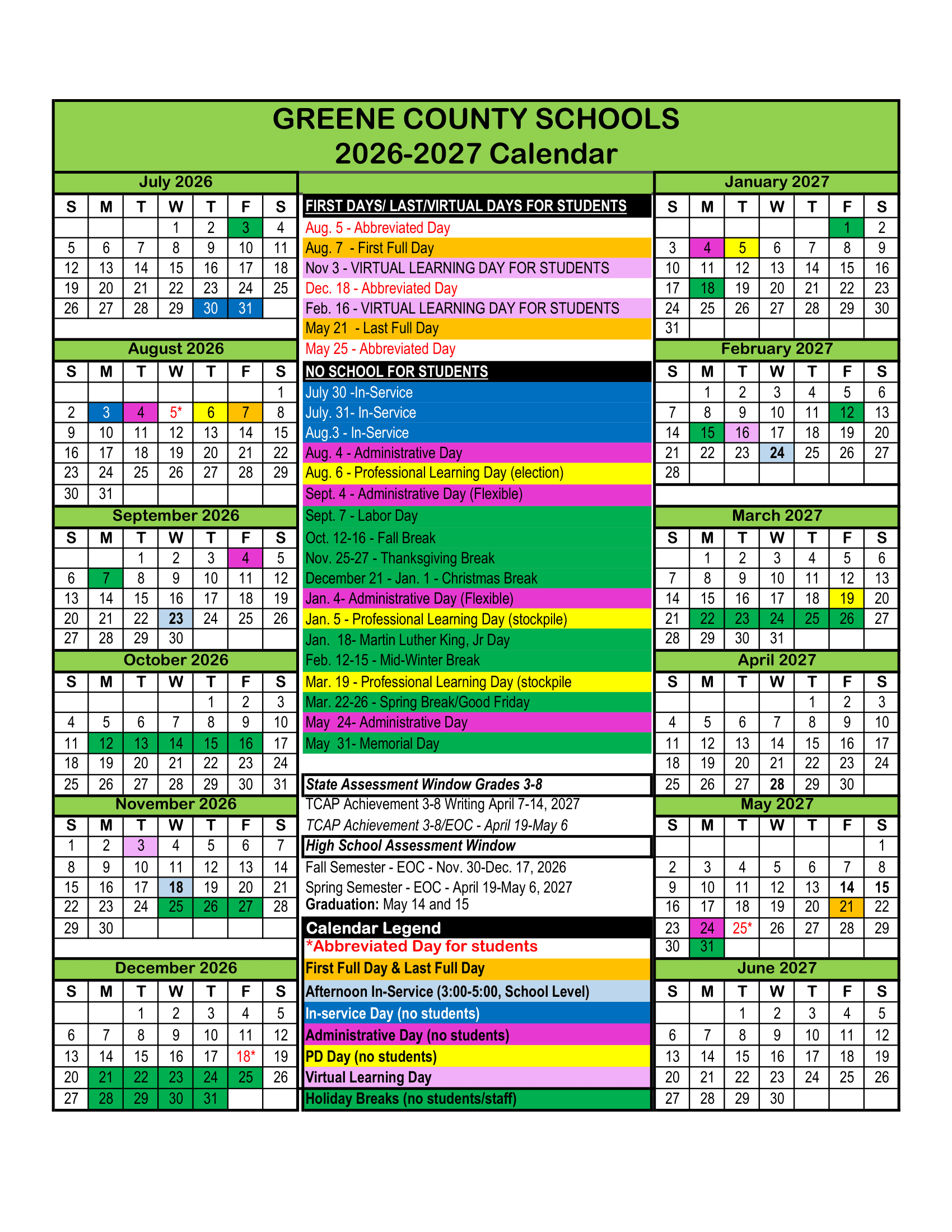 Greene County Schools Calendar 26-27 Rev V1