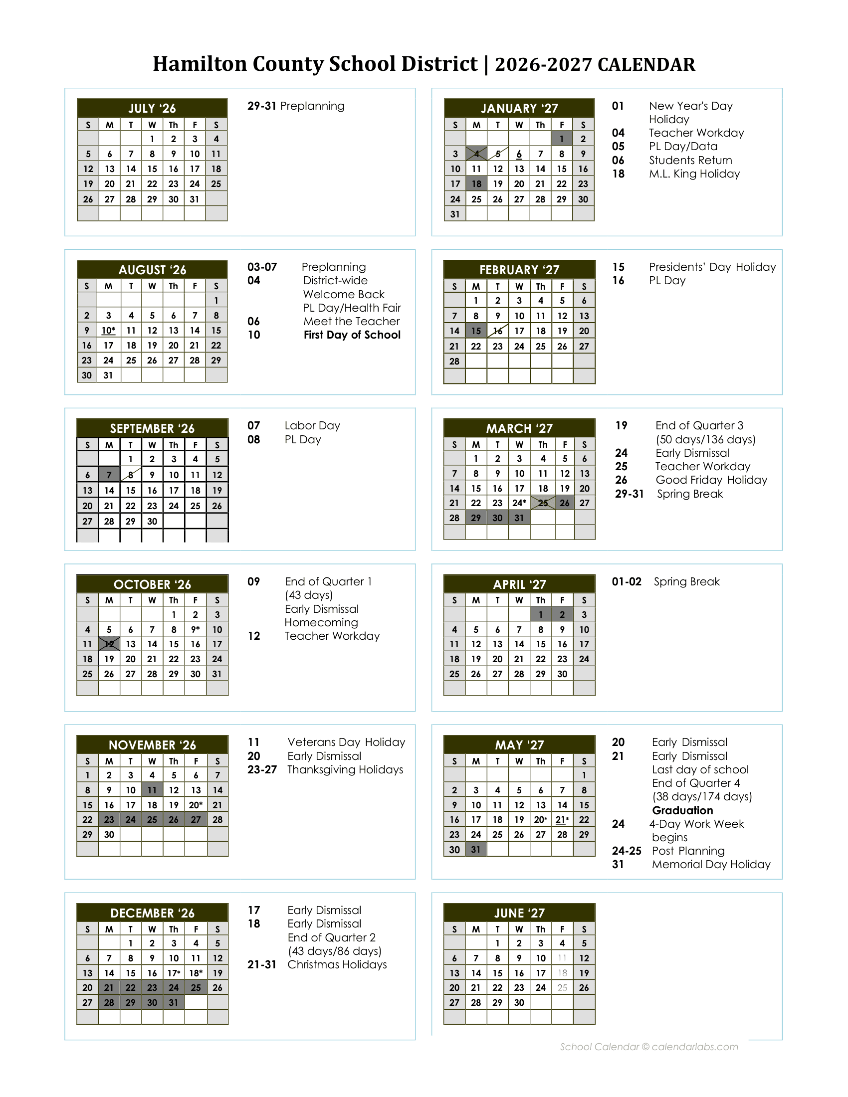 Hamilton County School District Calendar 26-27 Revised