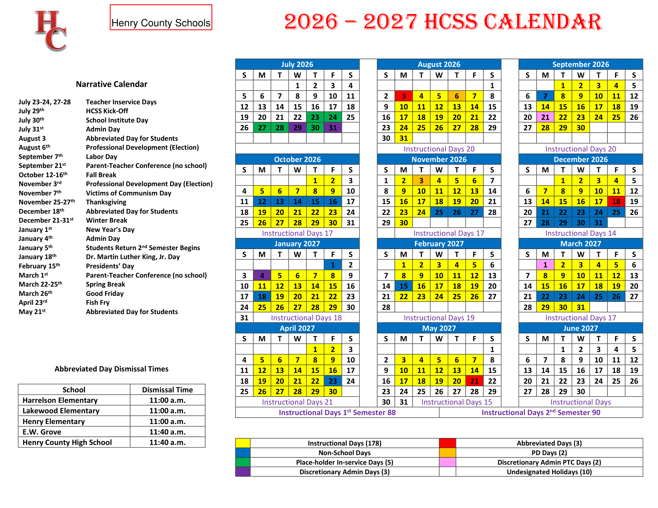 Henry County Schools Calendar 26-27 Rev V1