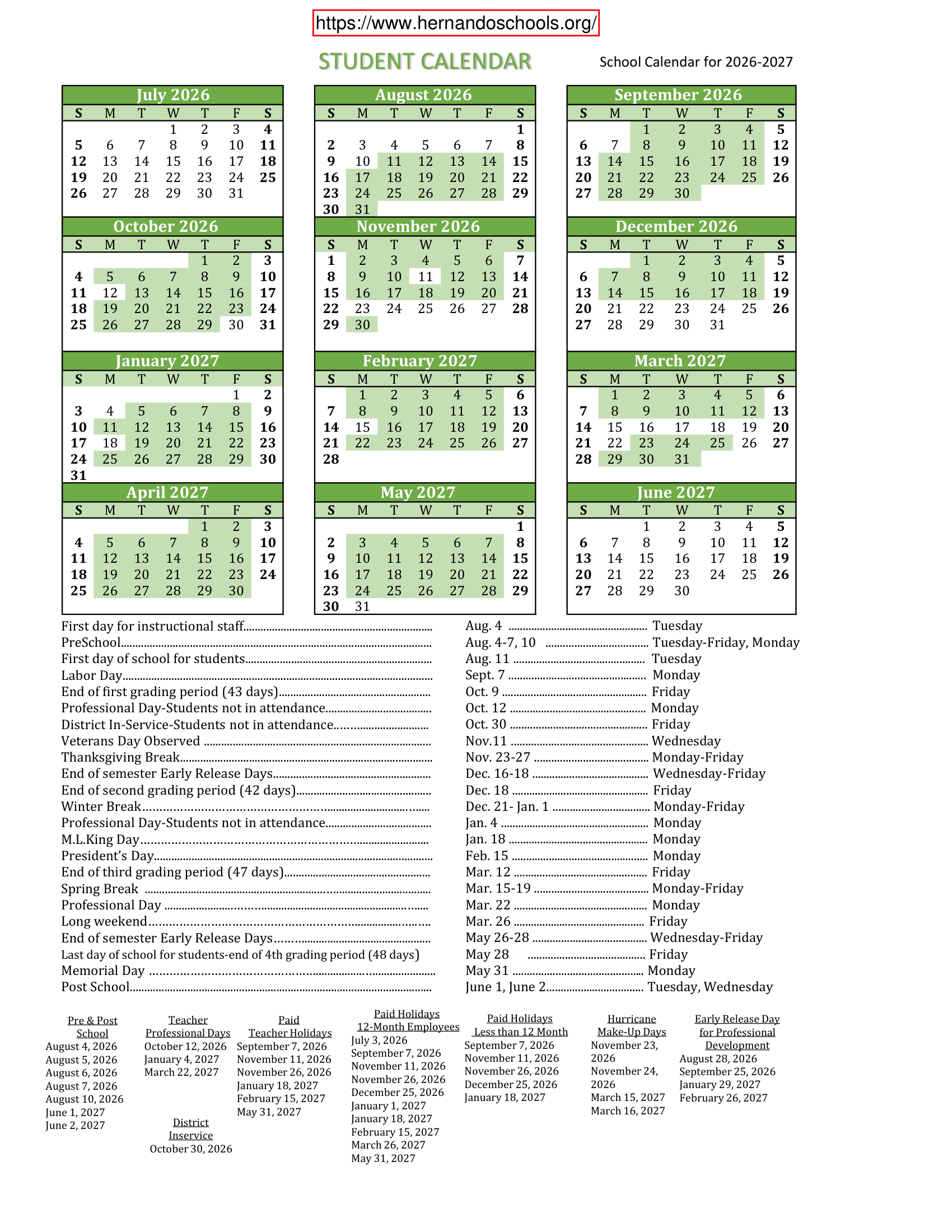 Hernando County School District Calendar 26-27 Revised