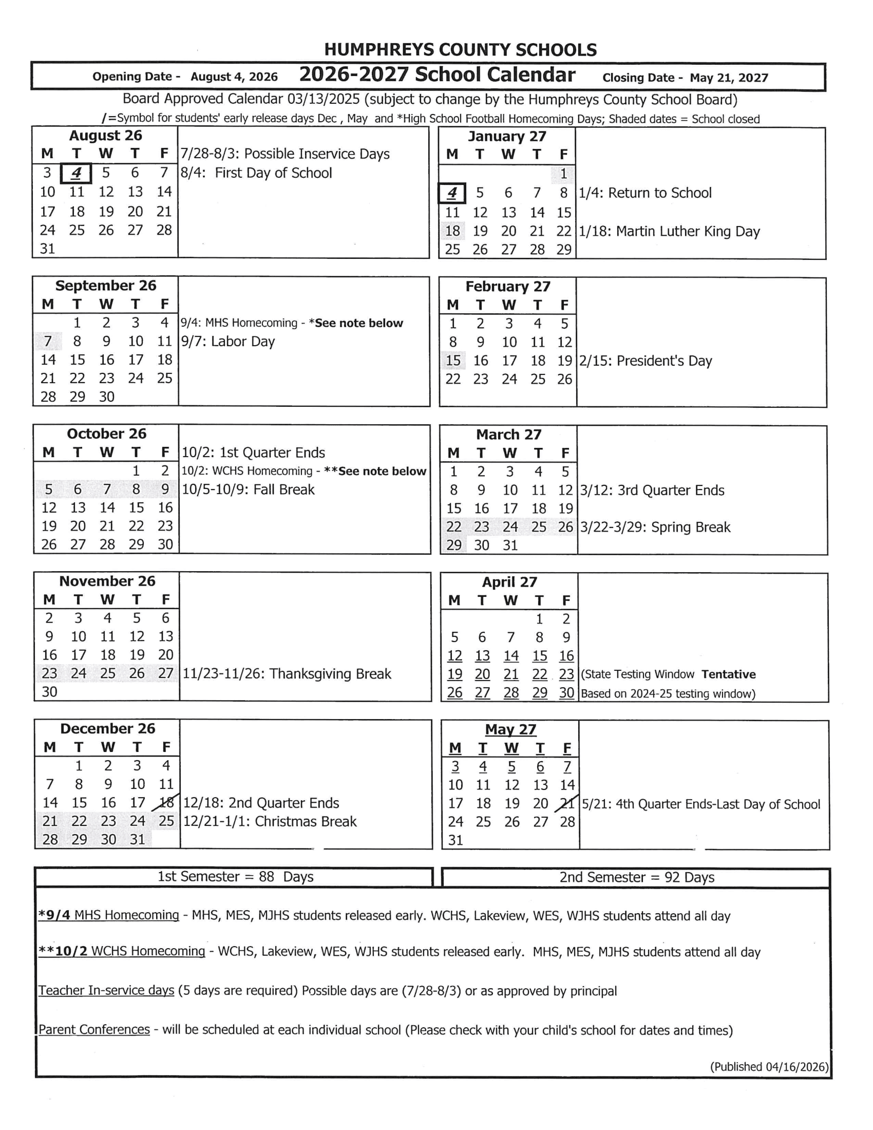 Humphreys County Schools Calendar 26-27 Rev V1
